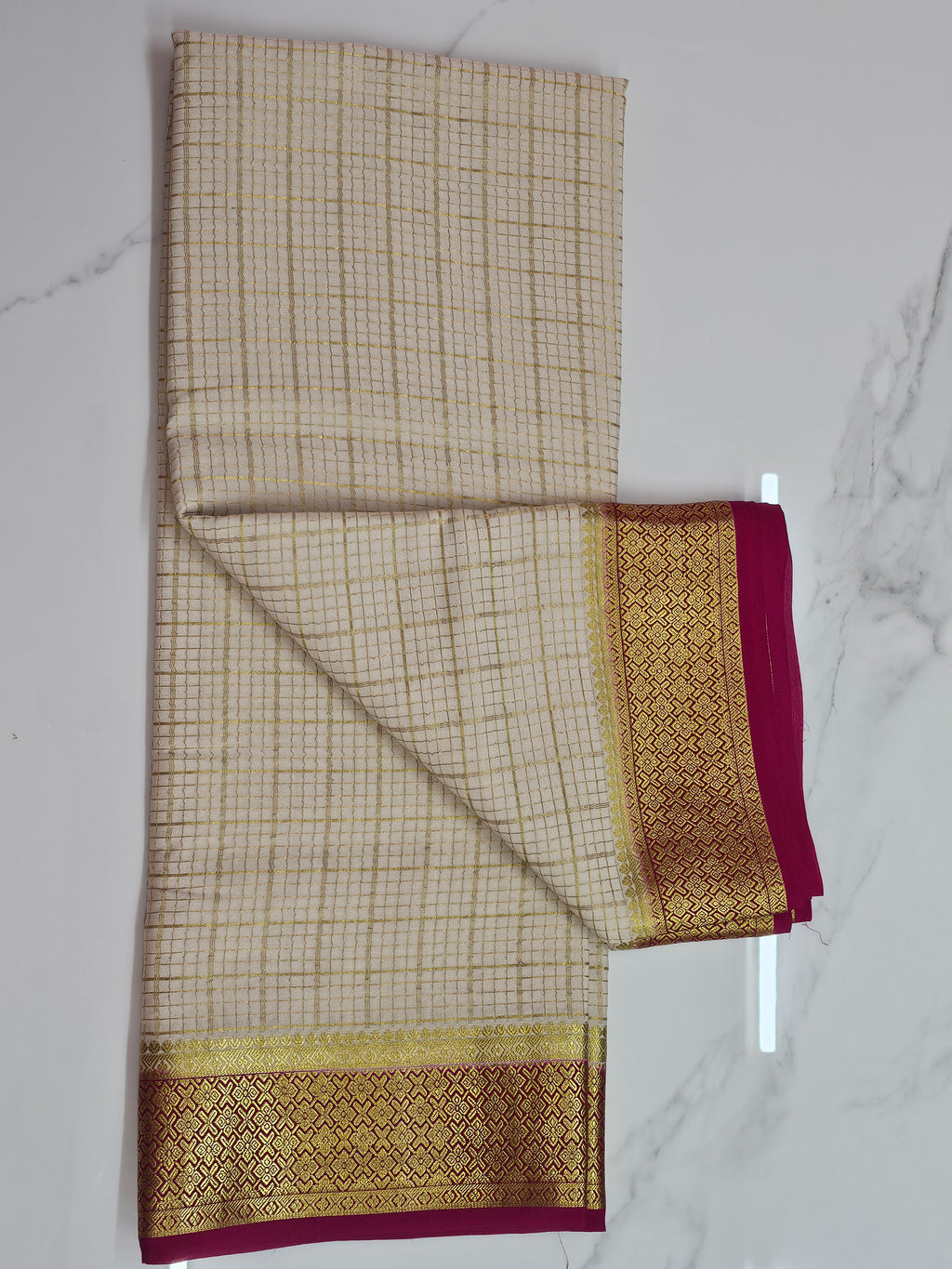 OFF WHITE WITH PINK -PURE MYSORE CREPE SILK