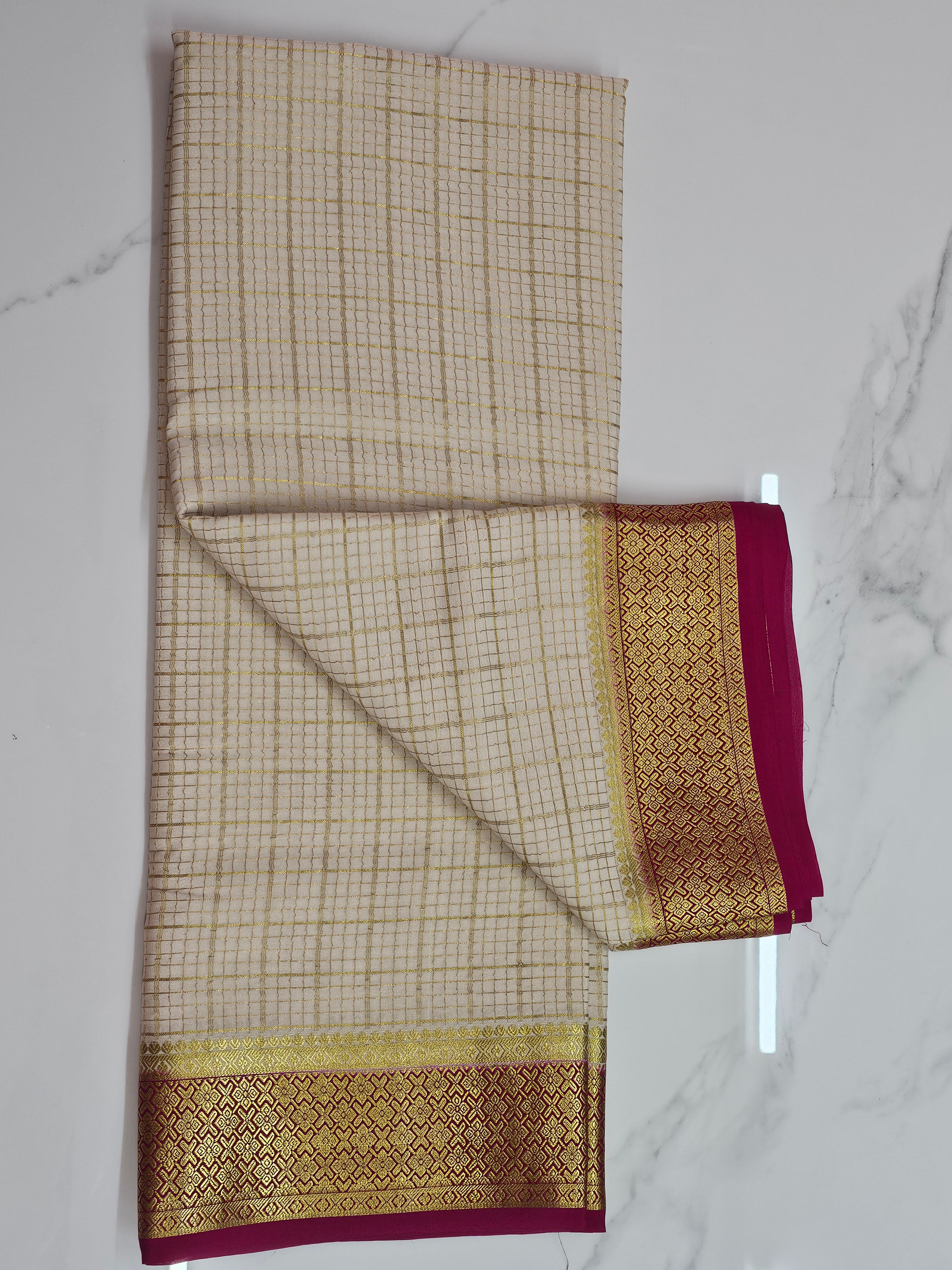 OFF WHITE WITH PINK -PURE MYSORE CREPE SILK