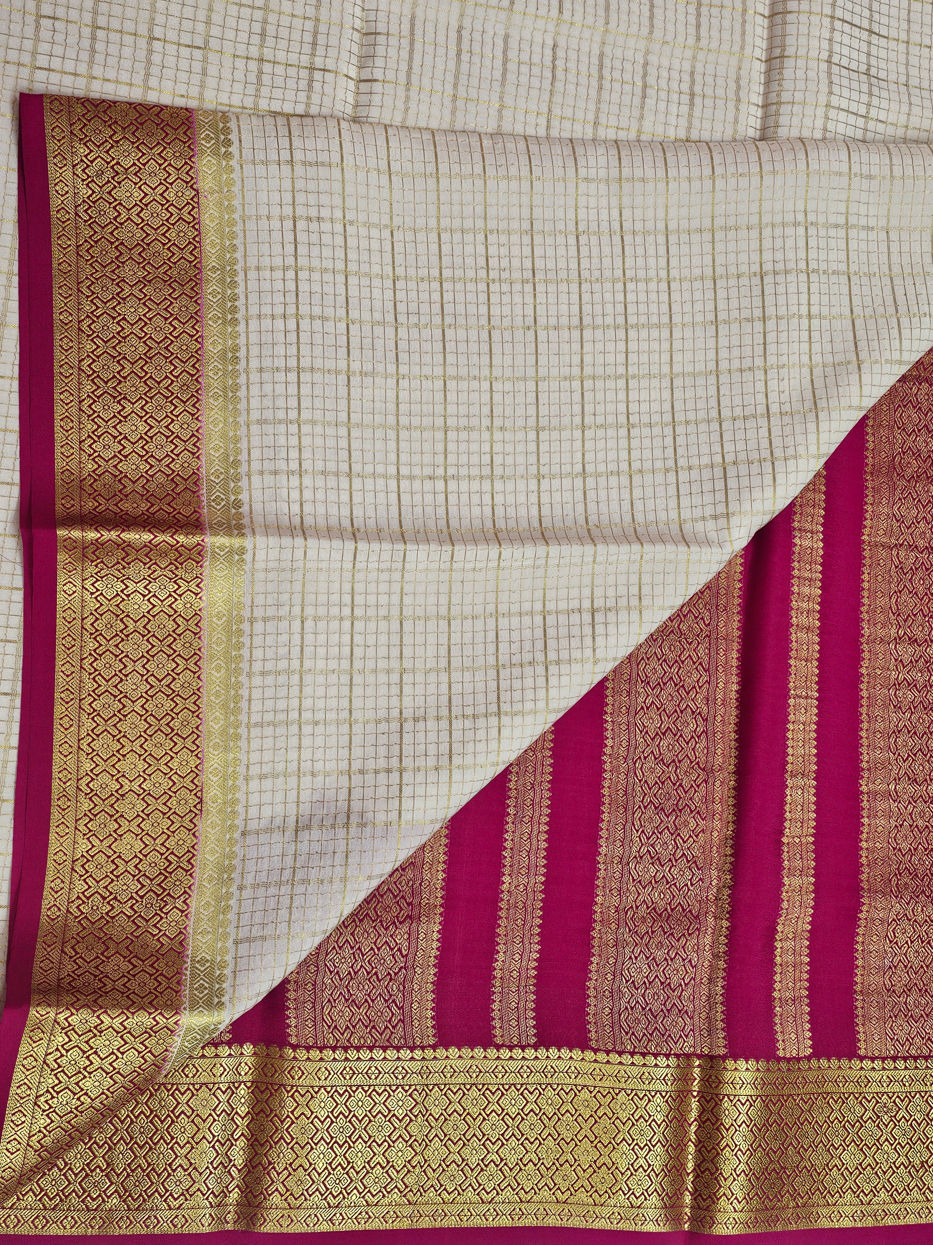 OFF WHITE WITH PINK -PURE MYSORE CREPE SILK