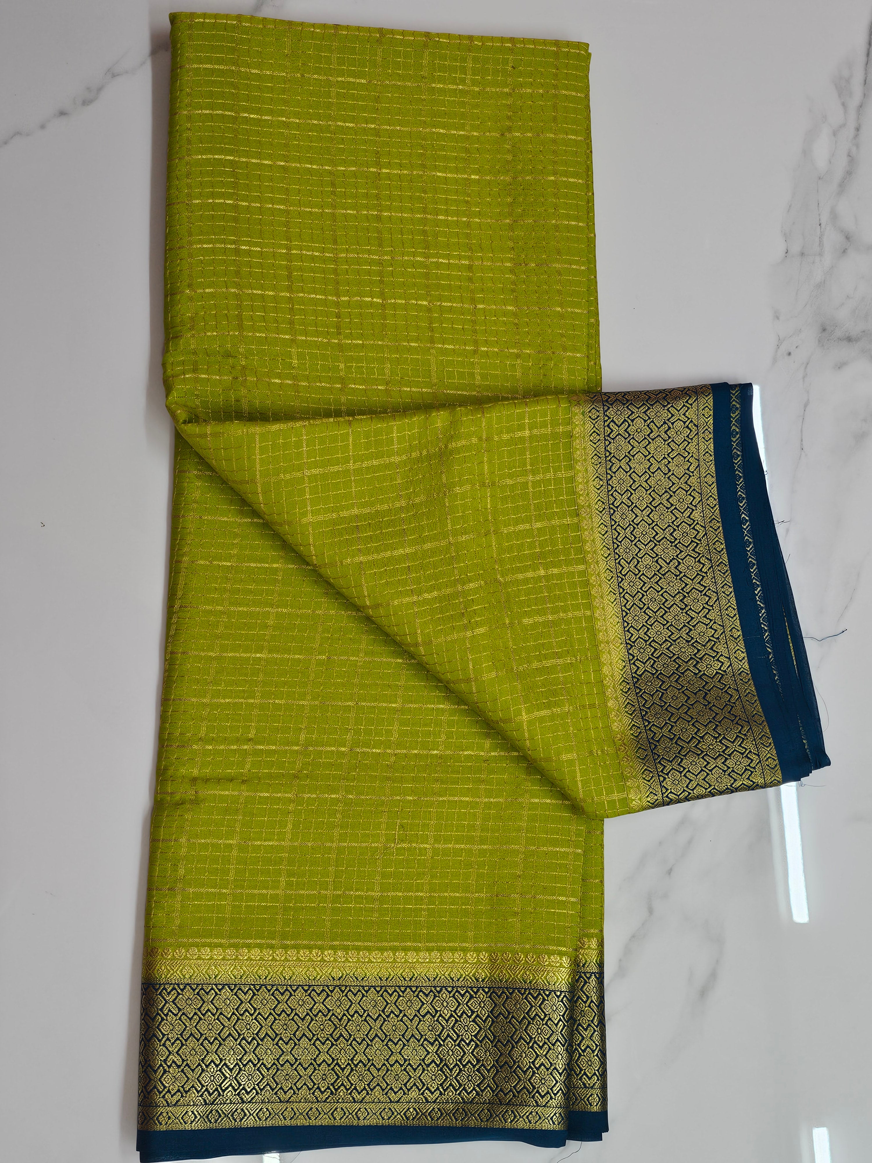 PARROT GREEN WITH PEACOCK BLUE - PURE MYSORE CREPE SILK