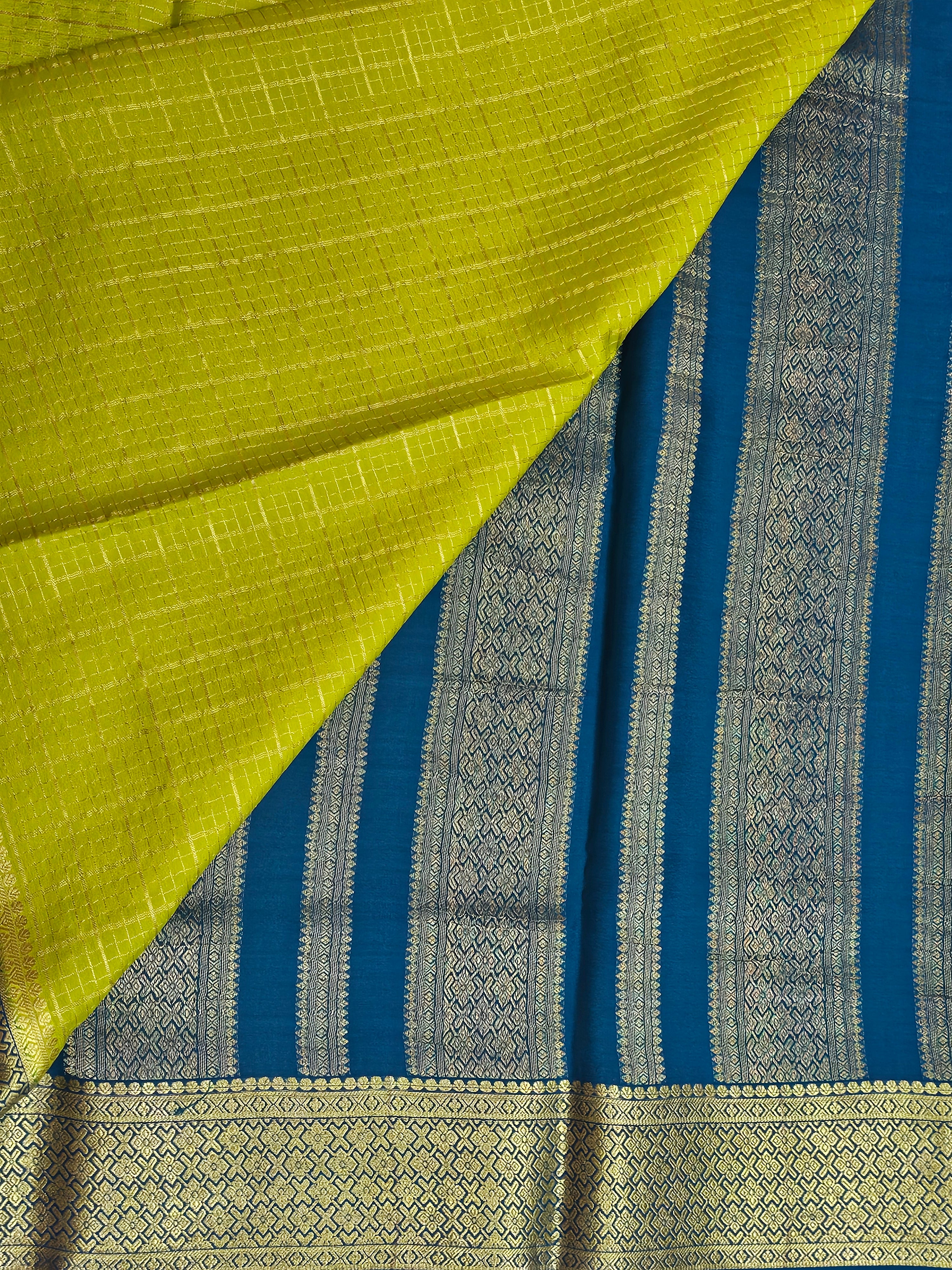 PARROT GREEN WITH PEACOCK BLUE - PURE MYSORE CREPE SILK