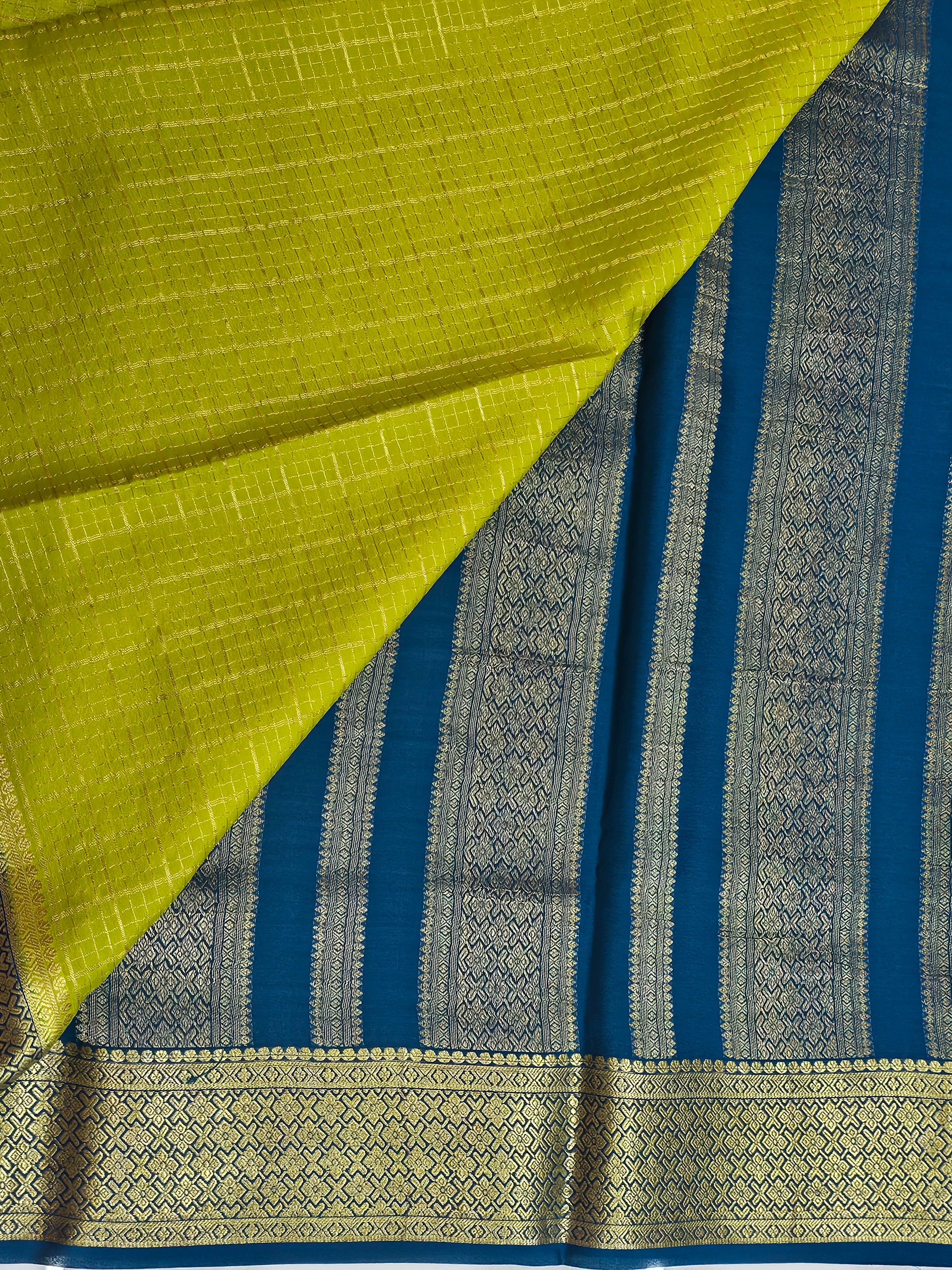 PARROT GREEN WITH PEACOCK BLUE - PURE MYSORE CREPE SILK