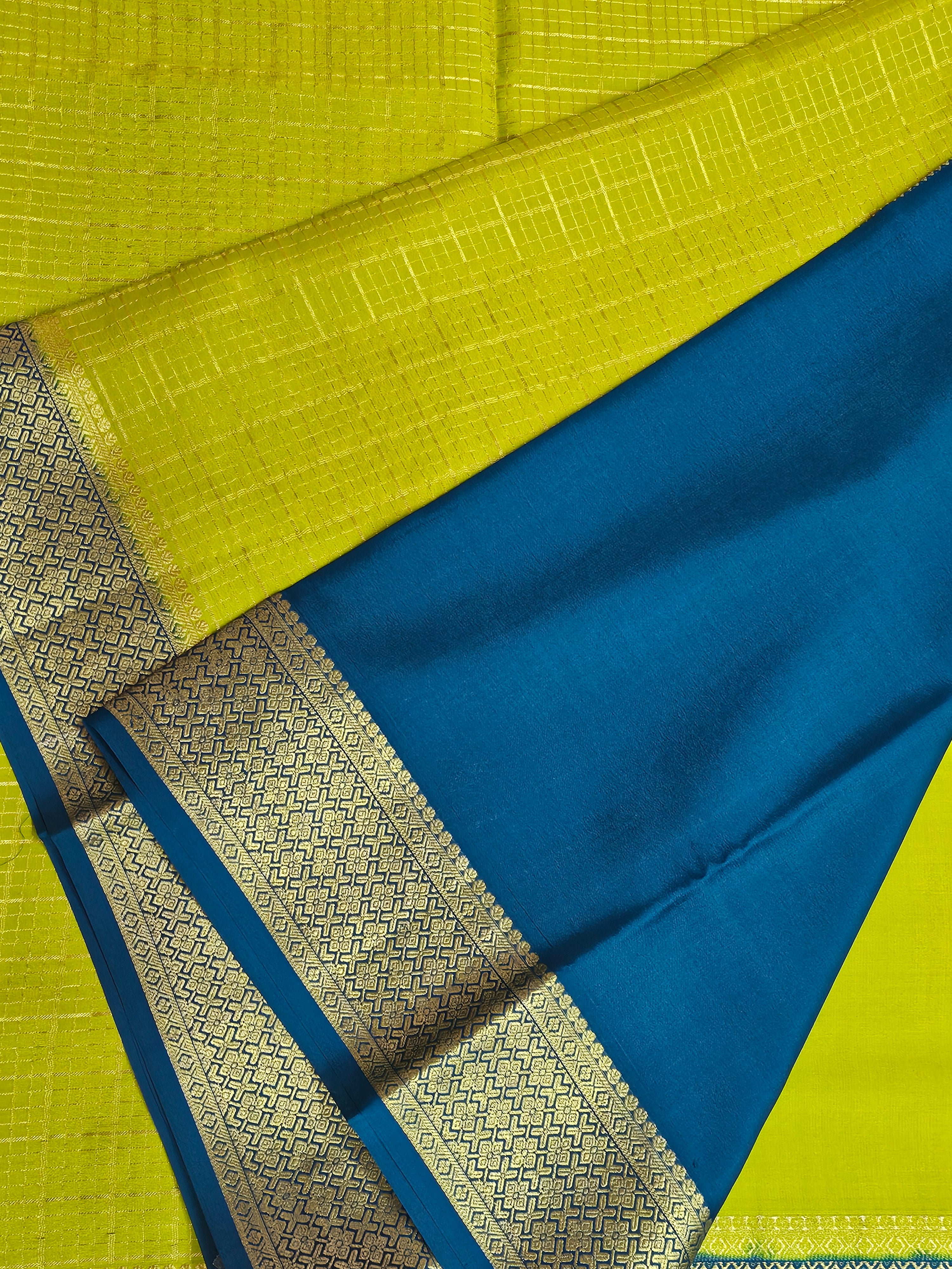 PARROT GREEN WITH PEACOCK BLUE - PURE MYSORE CREPE SILK