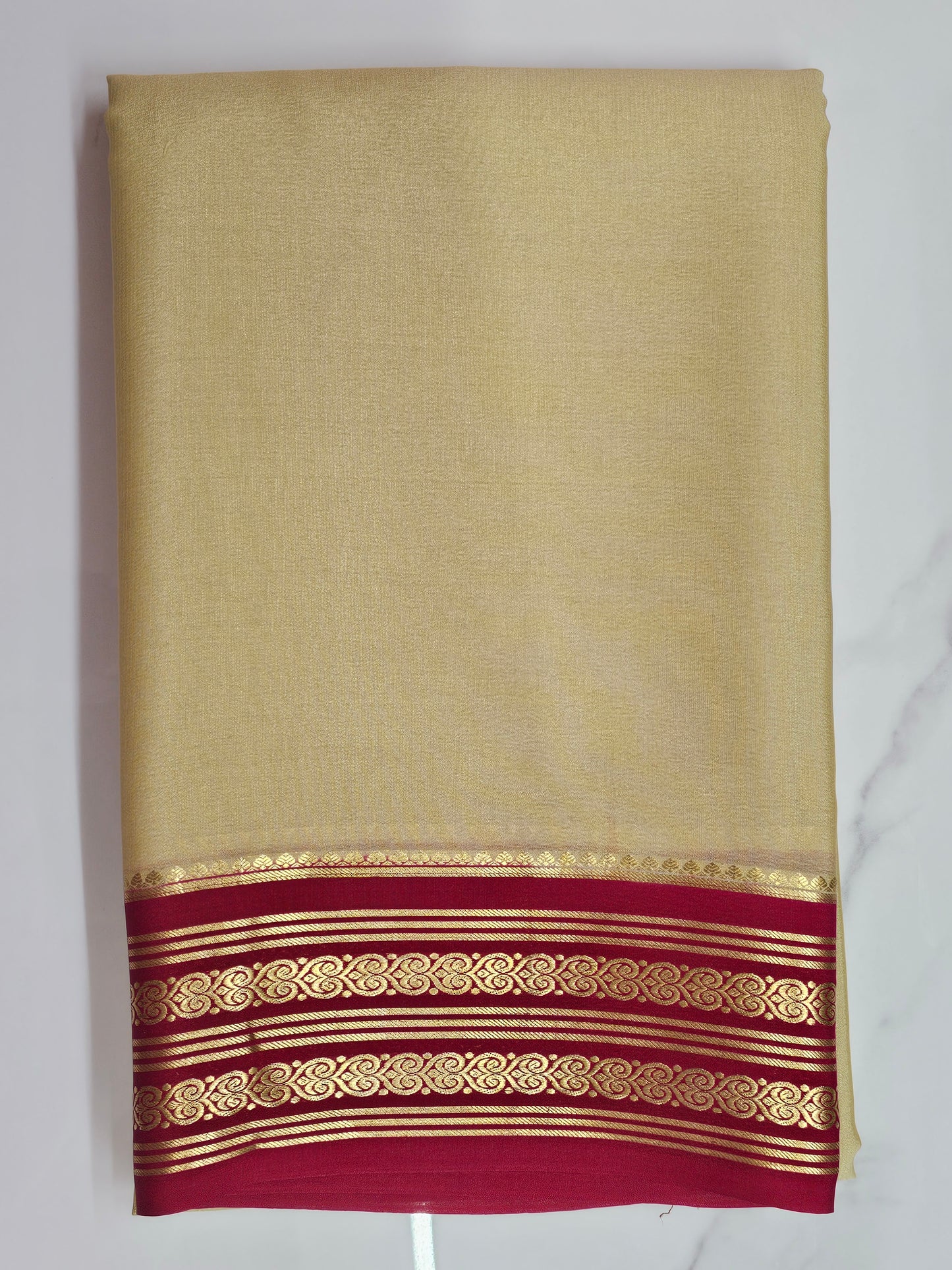 ANTIQUE GOLD WITH RED - PURE MYSORE CREPE SILK