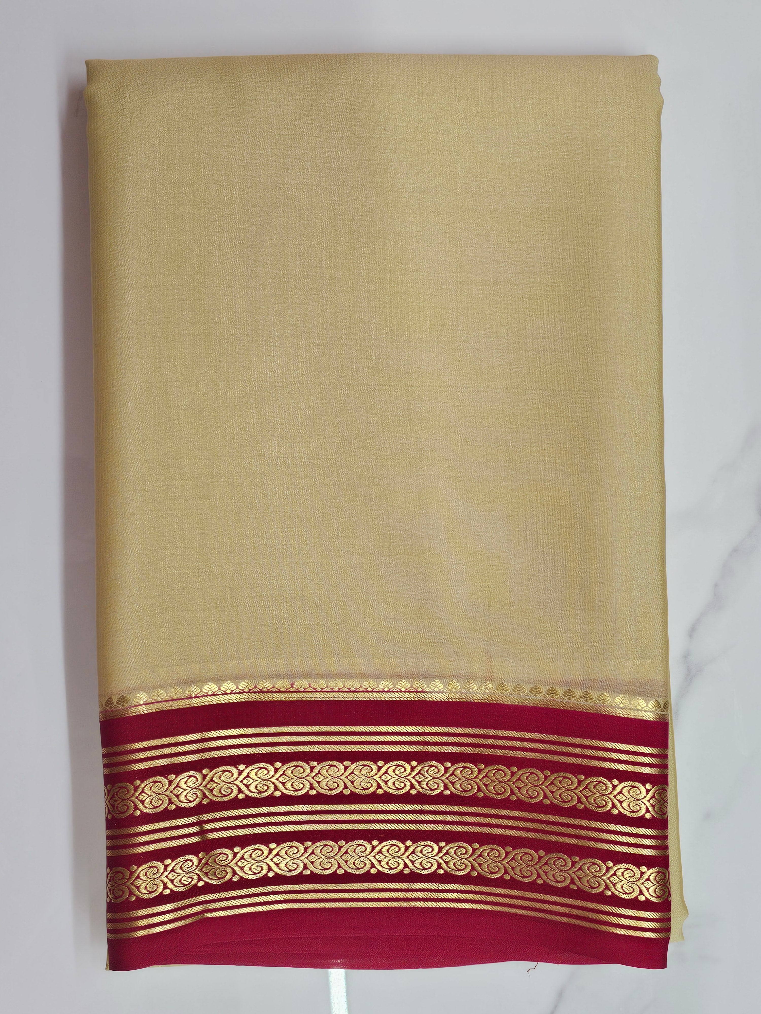 ANTIQUE GOLD WITH RED - PURE MYSORE CREPE SILK