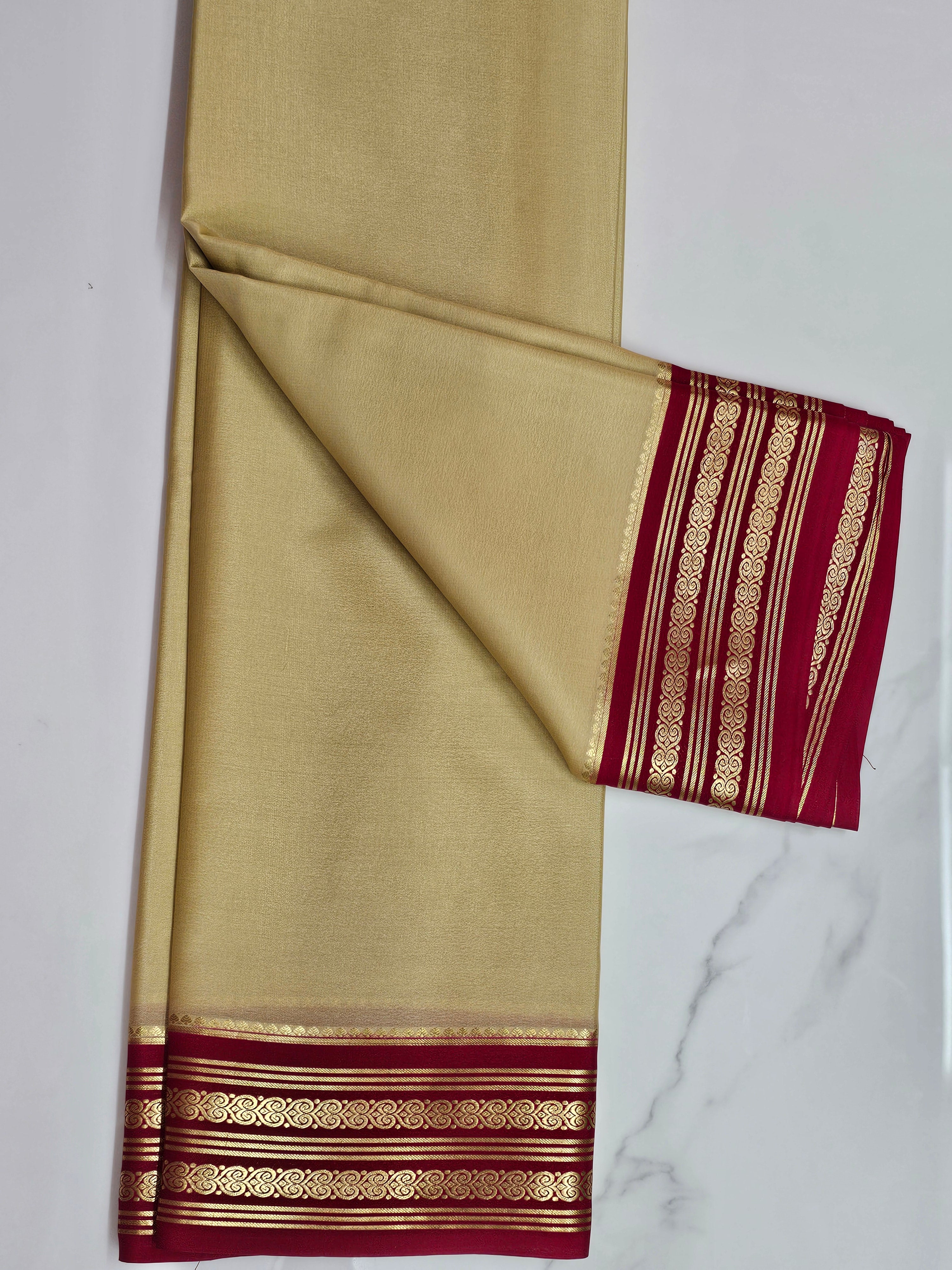ANTIQUE GOLD WITH RED - PURE MYSORE CREPE SILK