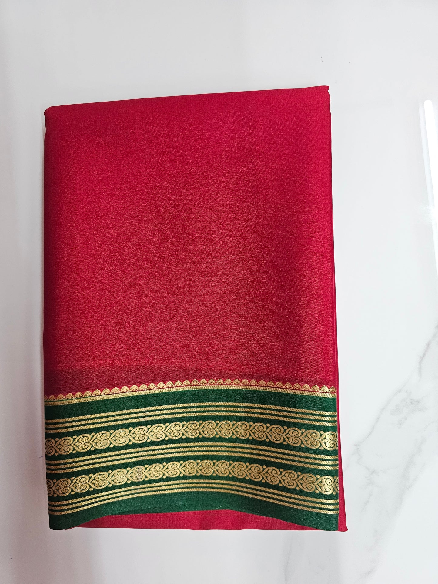 RED WITH GREEN -PURE MYSORE CREPE SILK