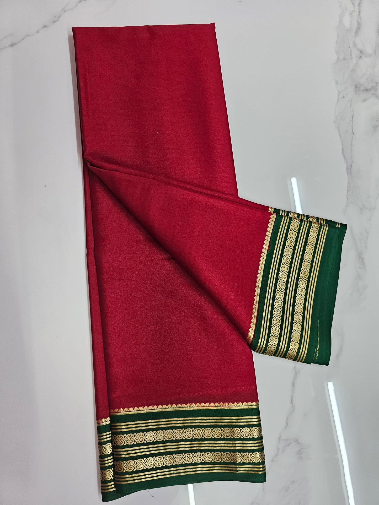 RED WITH GREEN -PURE MYSORE CREPE SILK