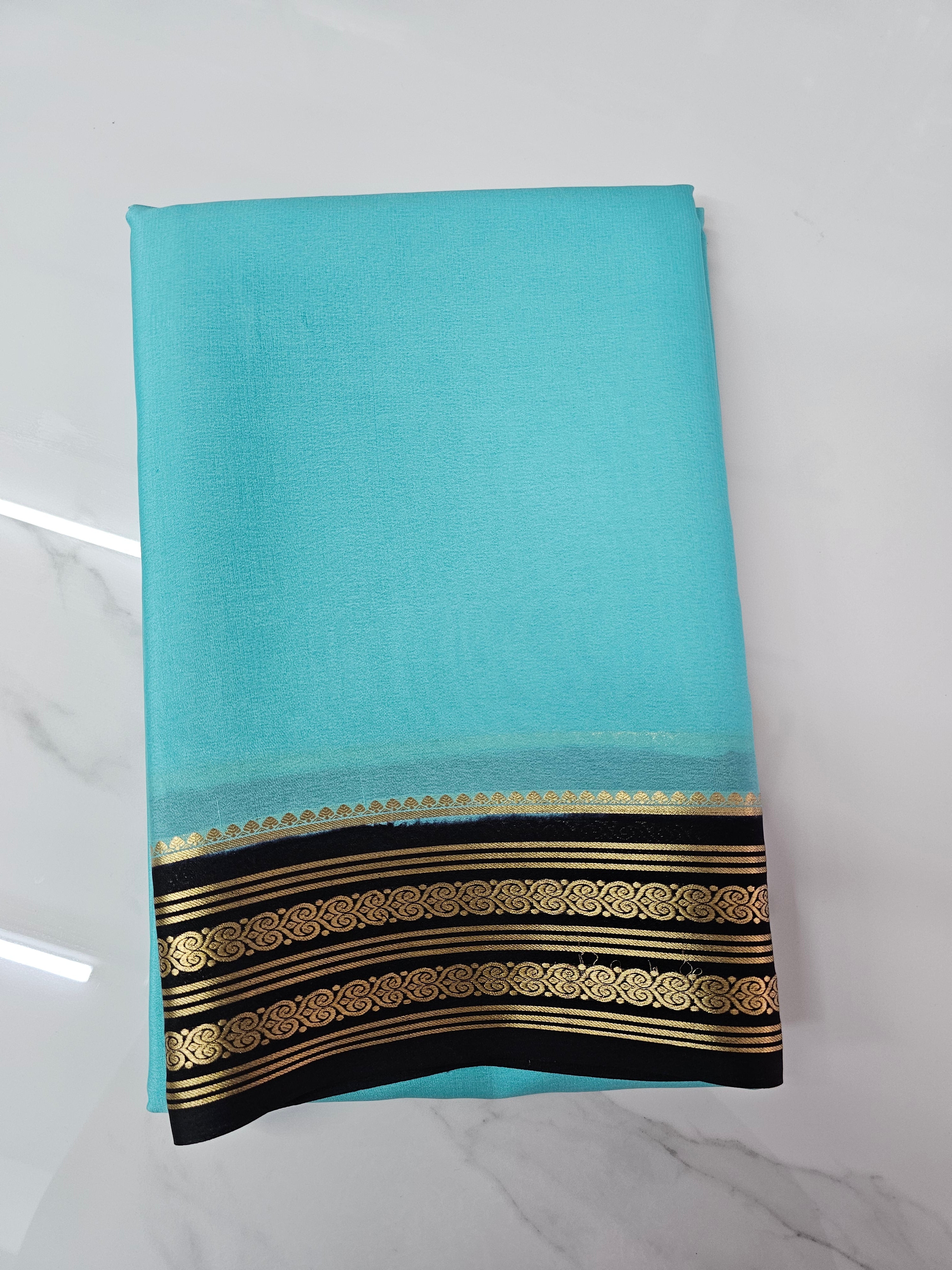 AQUA BLUE WITH BLACK - PURE MYSORE CREPE SILK