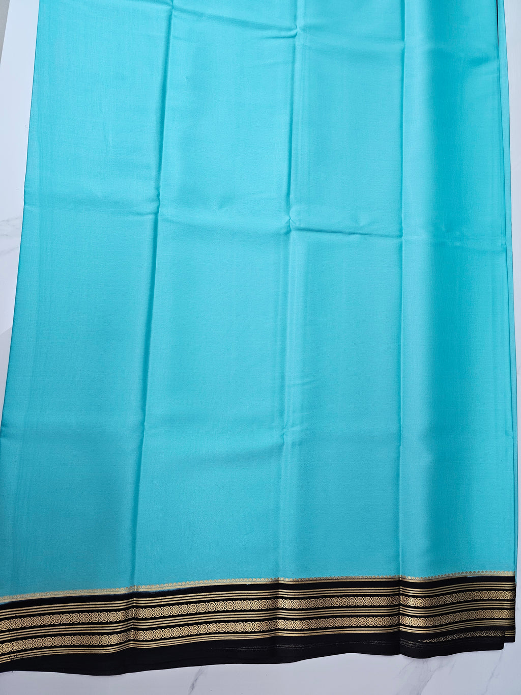 AQUA BLUE WITH BLACK - PURE MYSORE CREPE SILK
