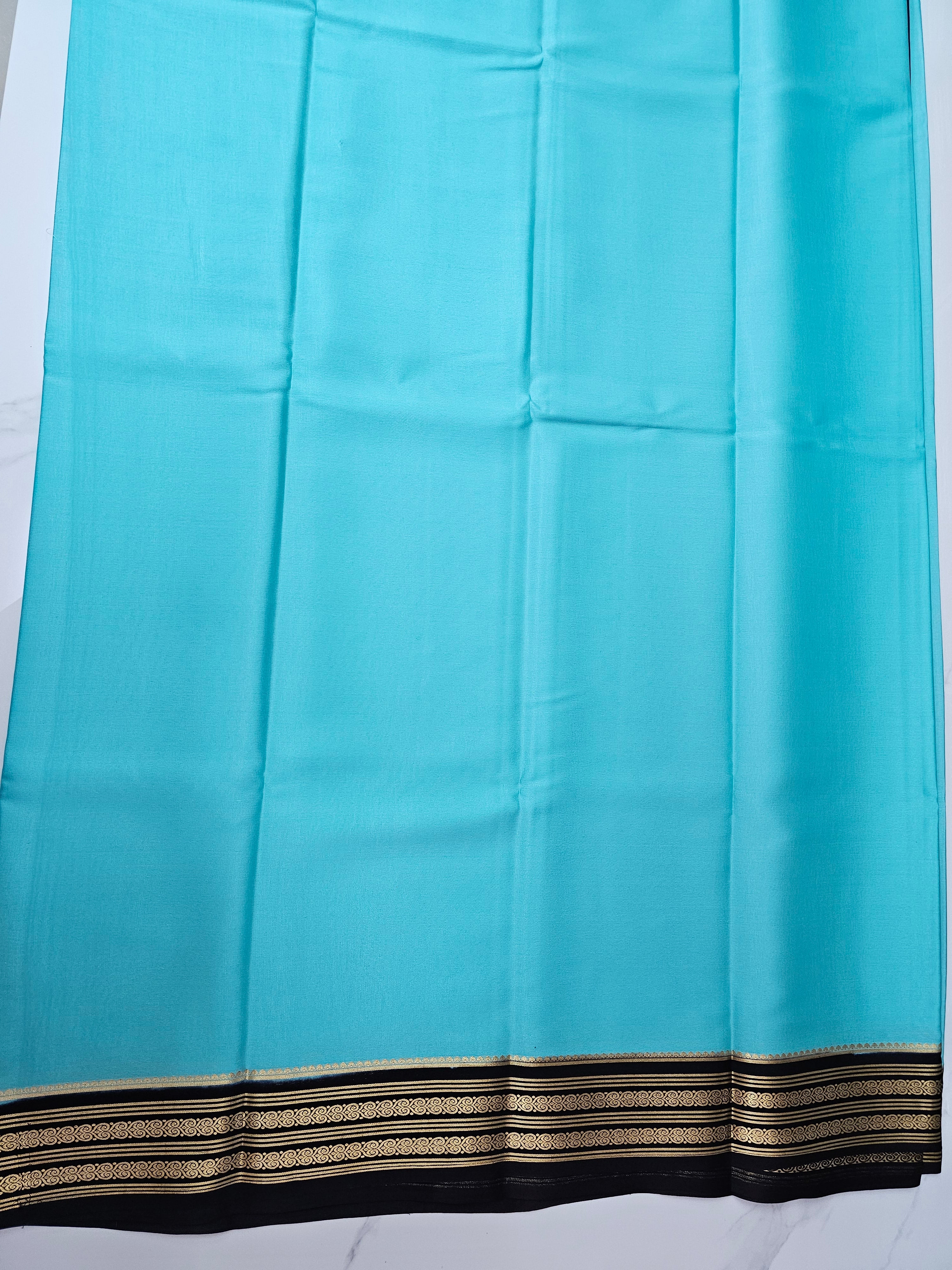 AQUA BLUE WITH BLACK - PURE MYSORE CREPE SILK