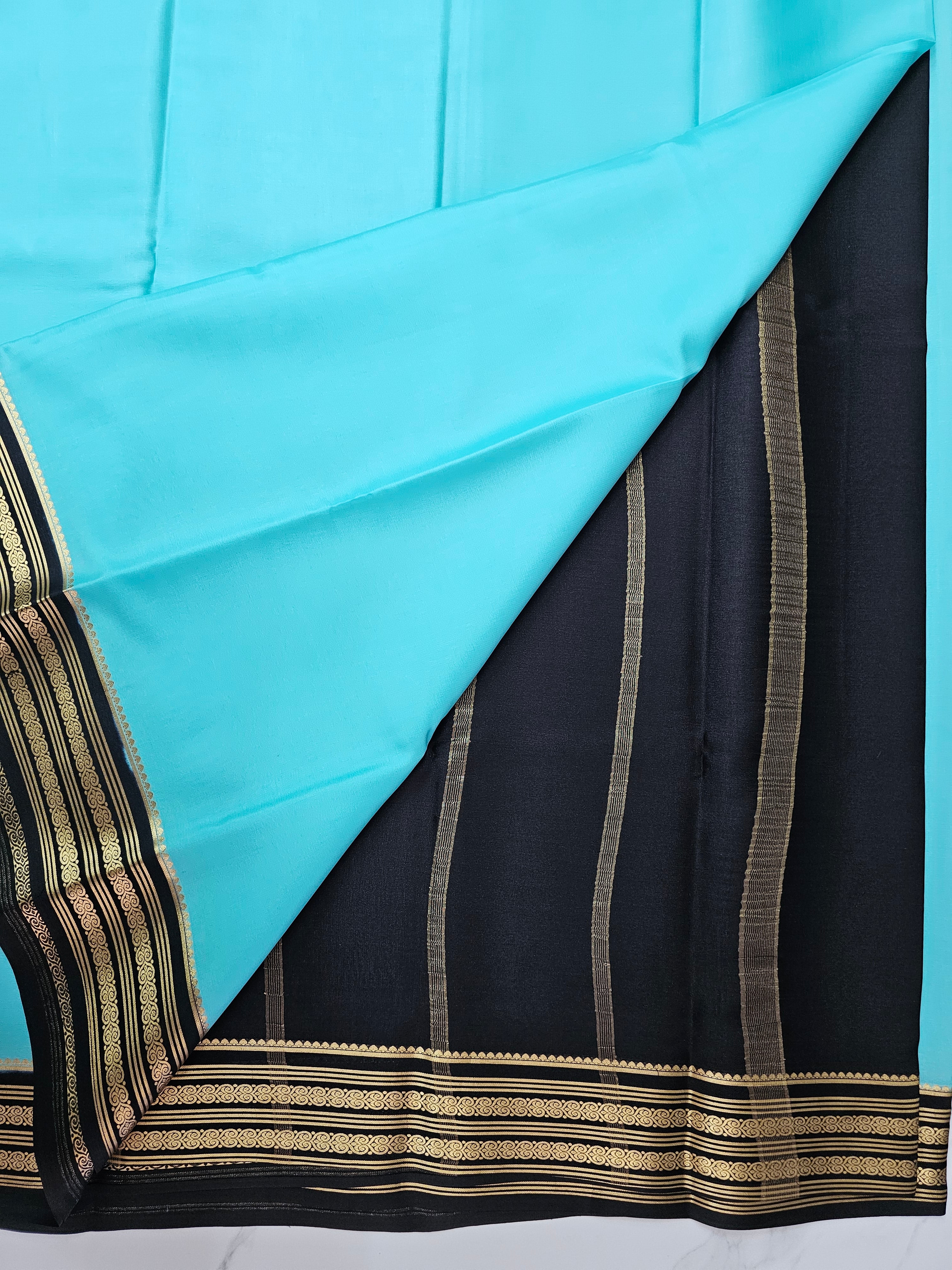 AQUA BLUE WITH BLACK - PURE MYSORE CREPE SILK