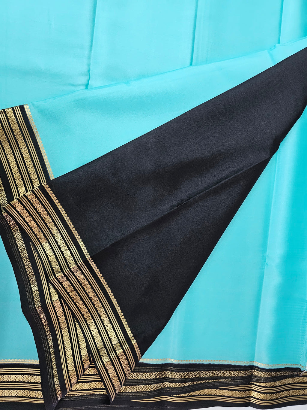 AQUA BLUE WITH BLACK - PURE MYSORE CREPE SILK