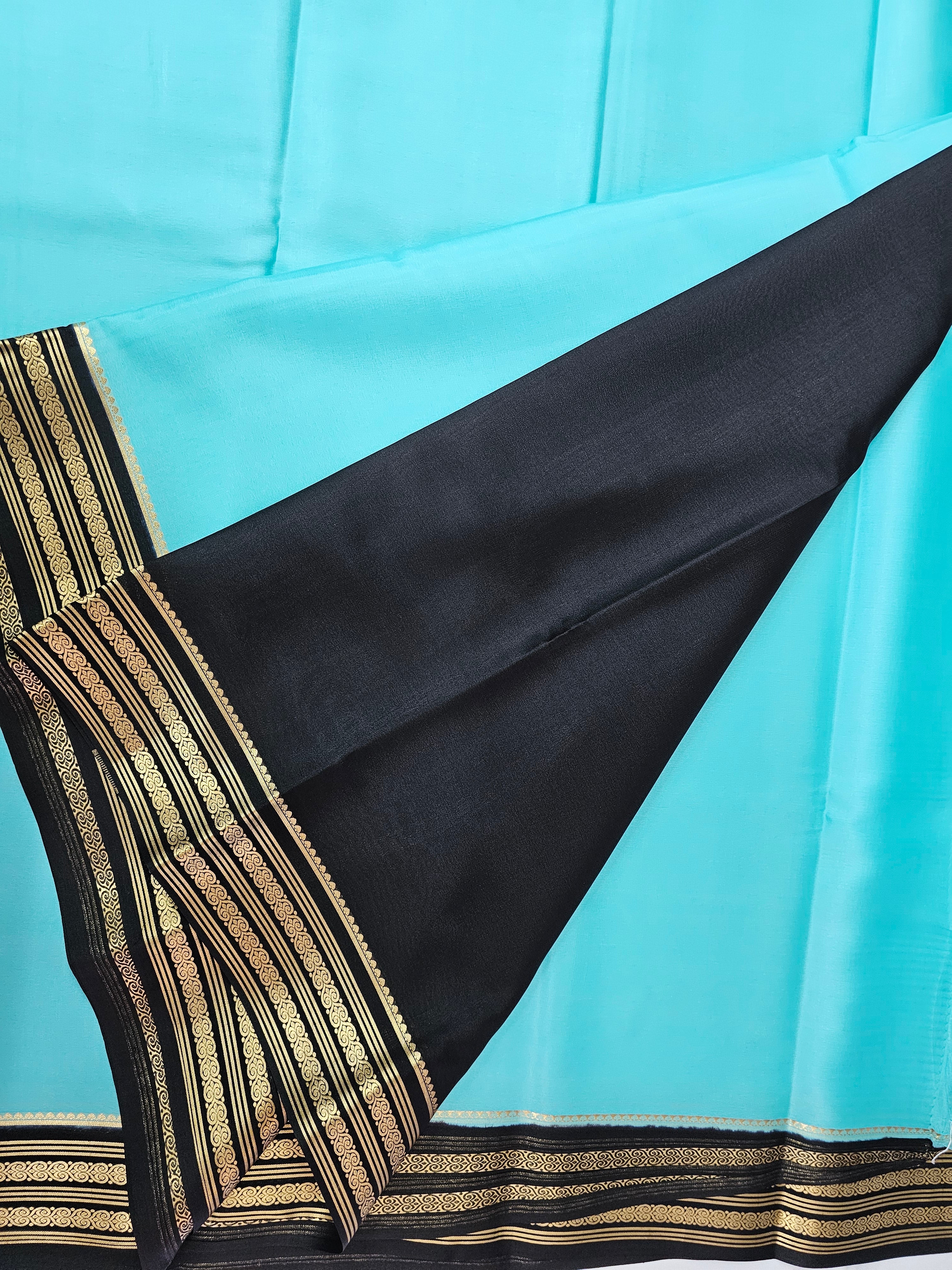 AQUA BLUE WITH BLACK - PURE MYSORE CREPE SILK