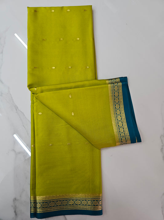 PARROT GREEN WITH PEACOCK BLUE GREEN - PURE MYSORE CREPE SILK