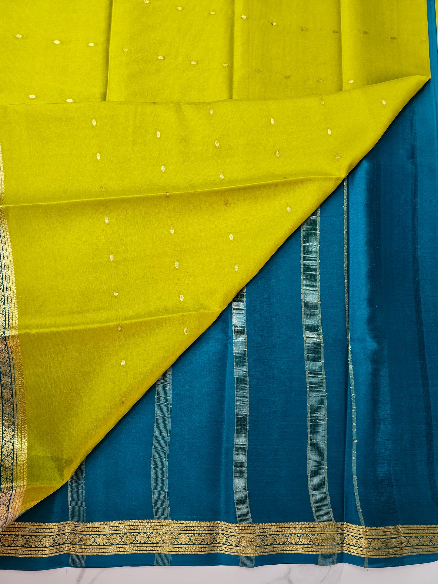 PARROT GREEN WITH PEACOCK BLUE GREEN - PURE MYSORE CREPE SILK
