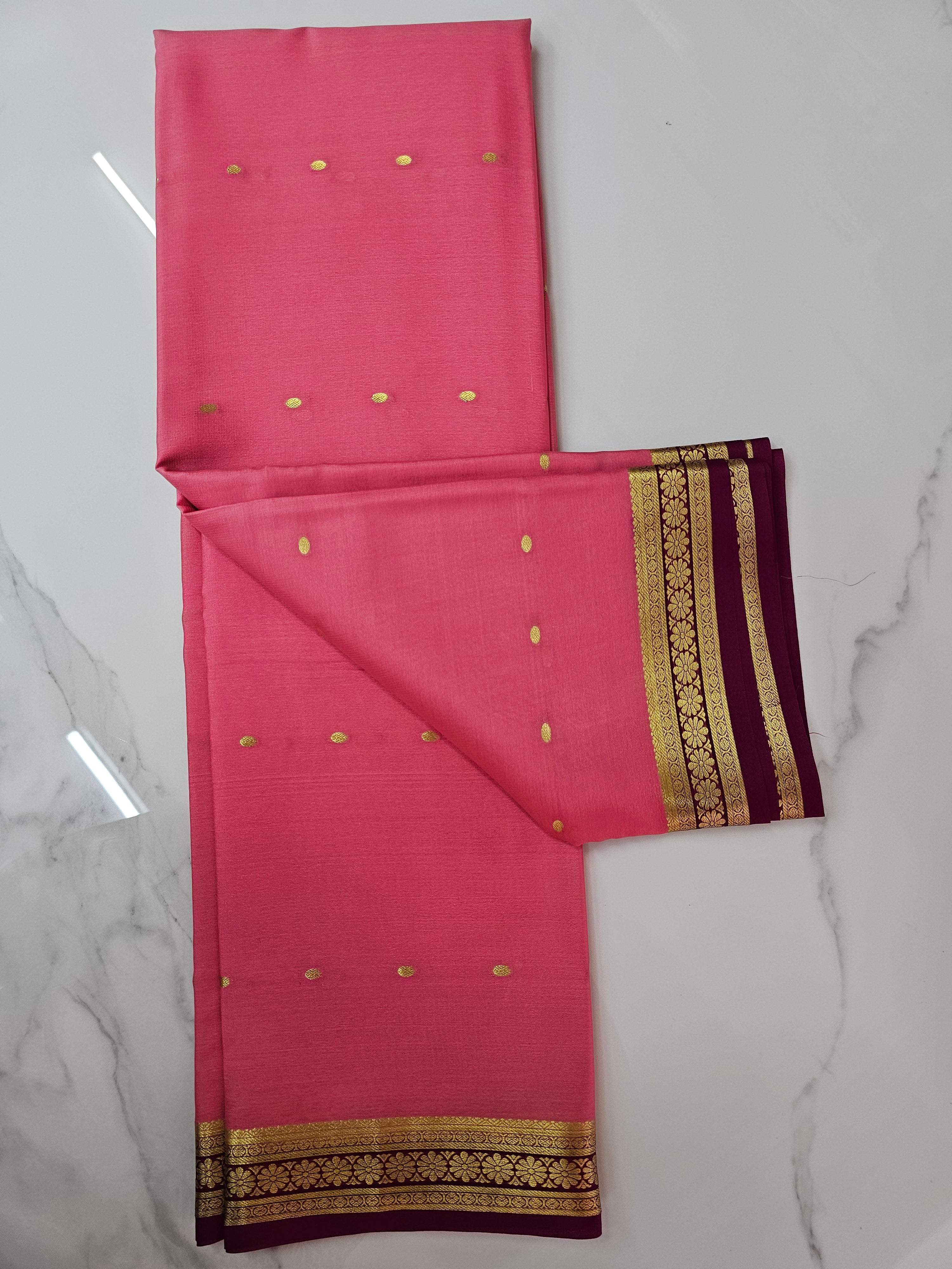 BABY PINK WITH WINE - PURE MYSORE CREPE SILK