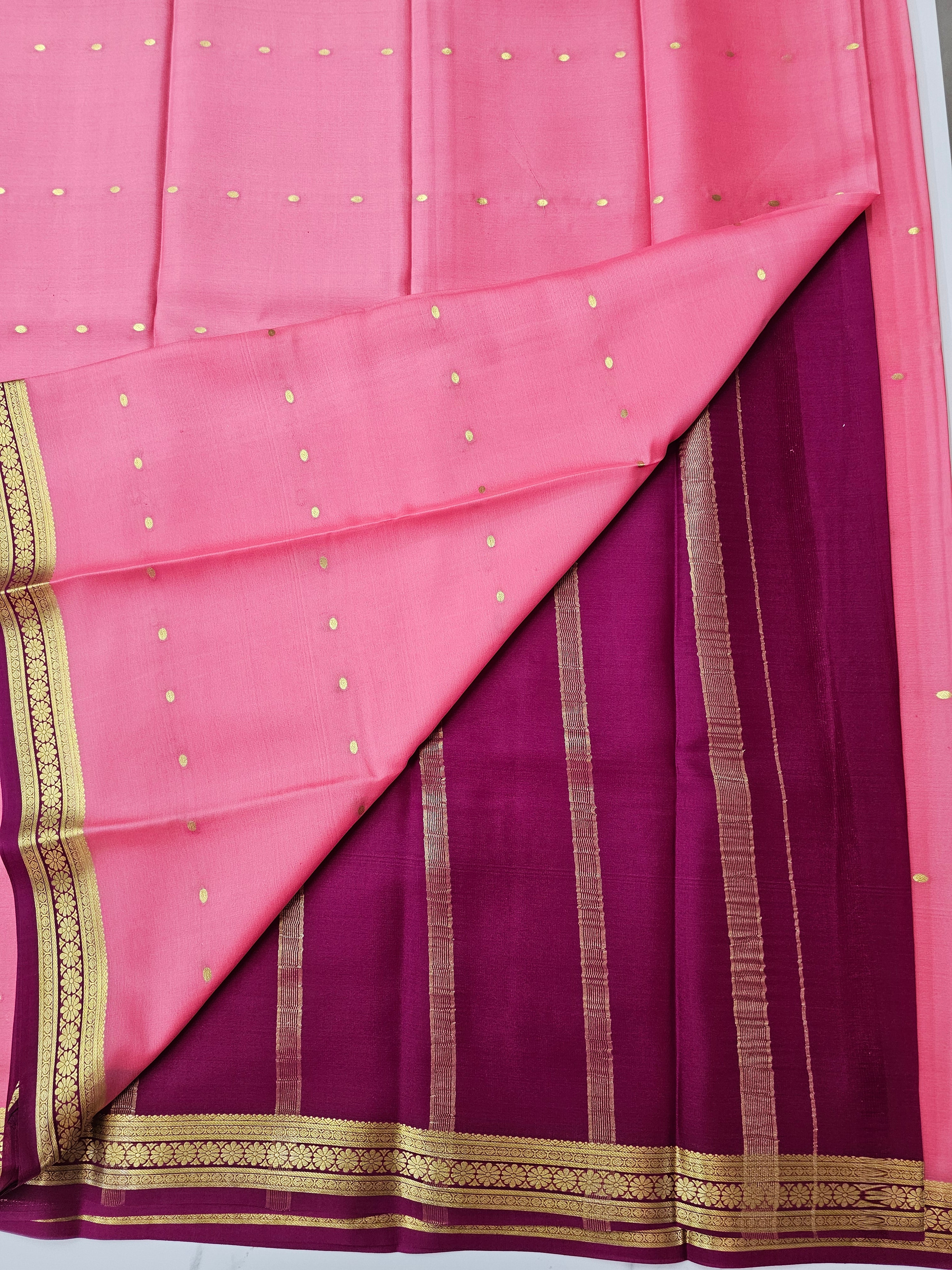 BABY PINK WITH WINE - PURE MYSORE CREPE SILK