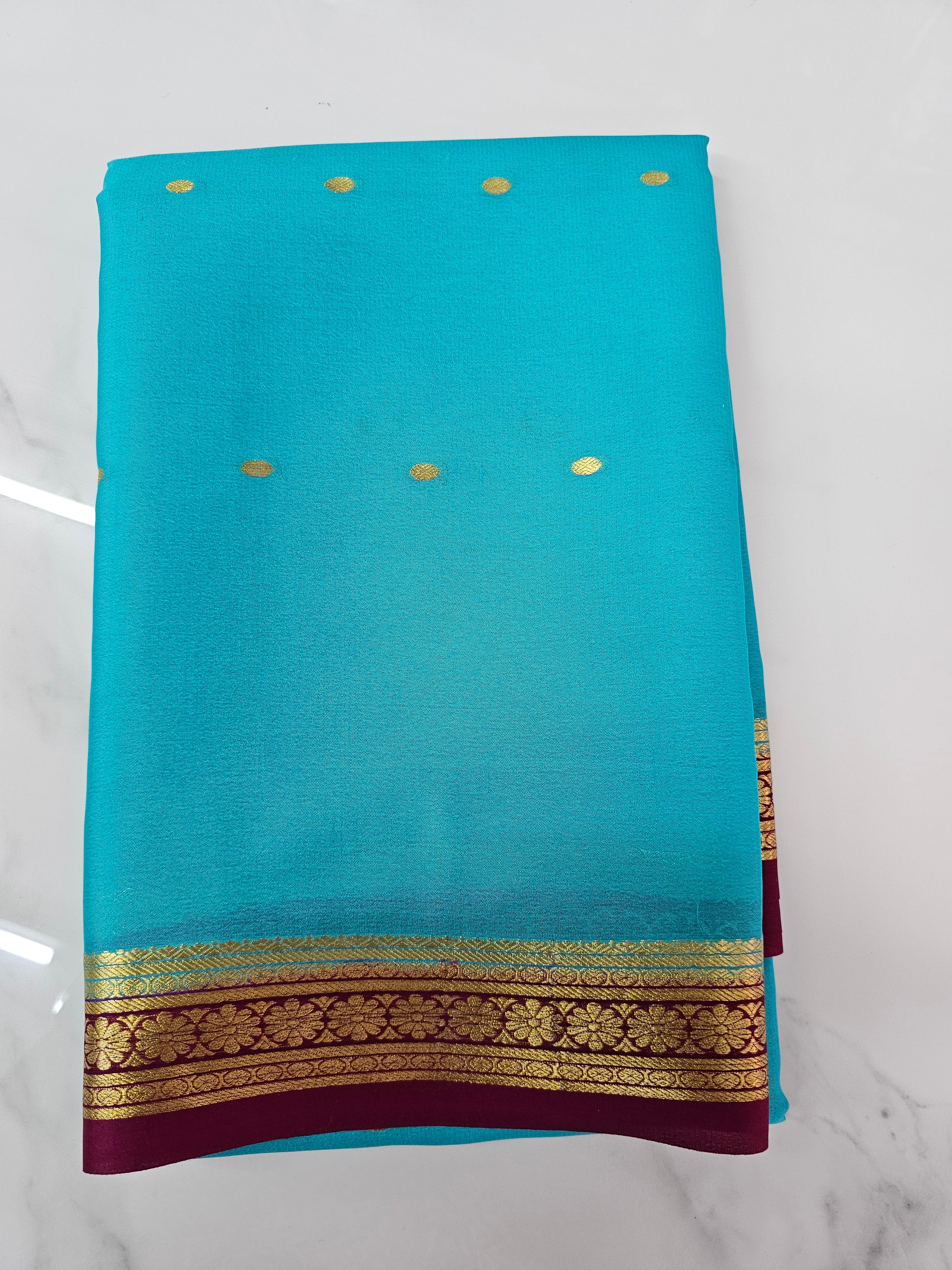 BLUE WITH PINK - PURE MYSORE CREPE SILK