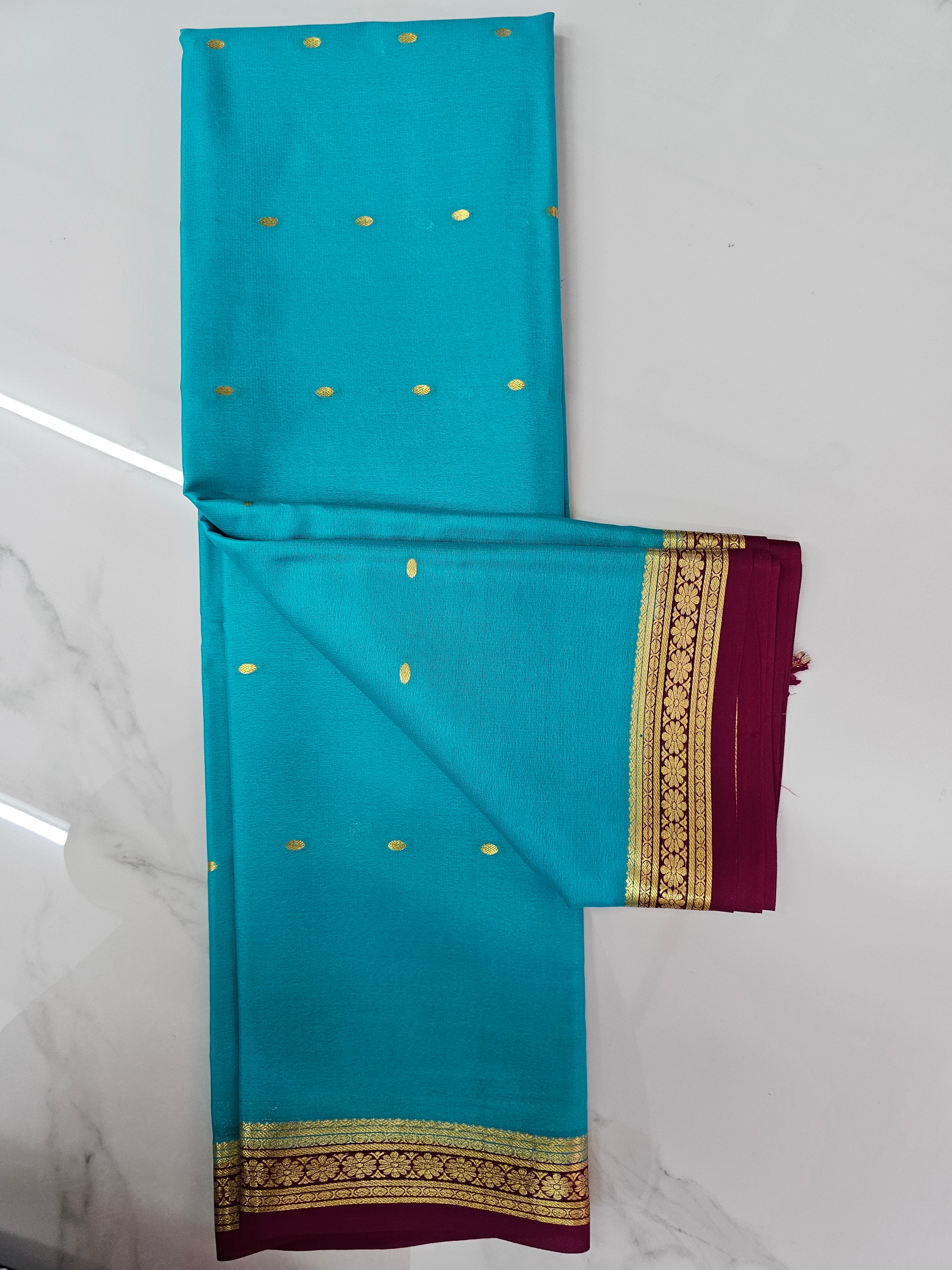 BLUE WITH PINK - PURE MYSORE CREPE SILK