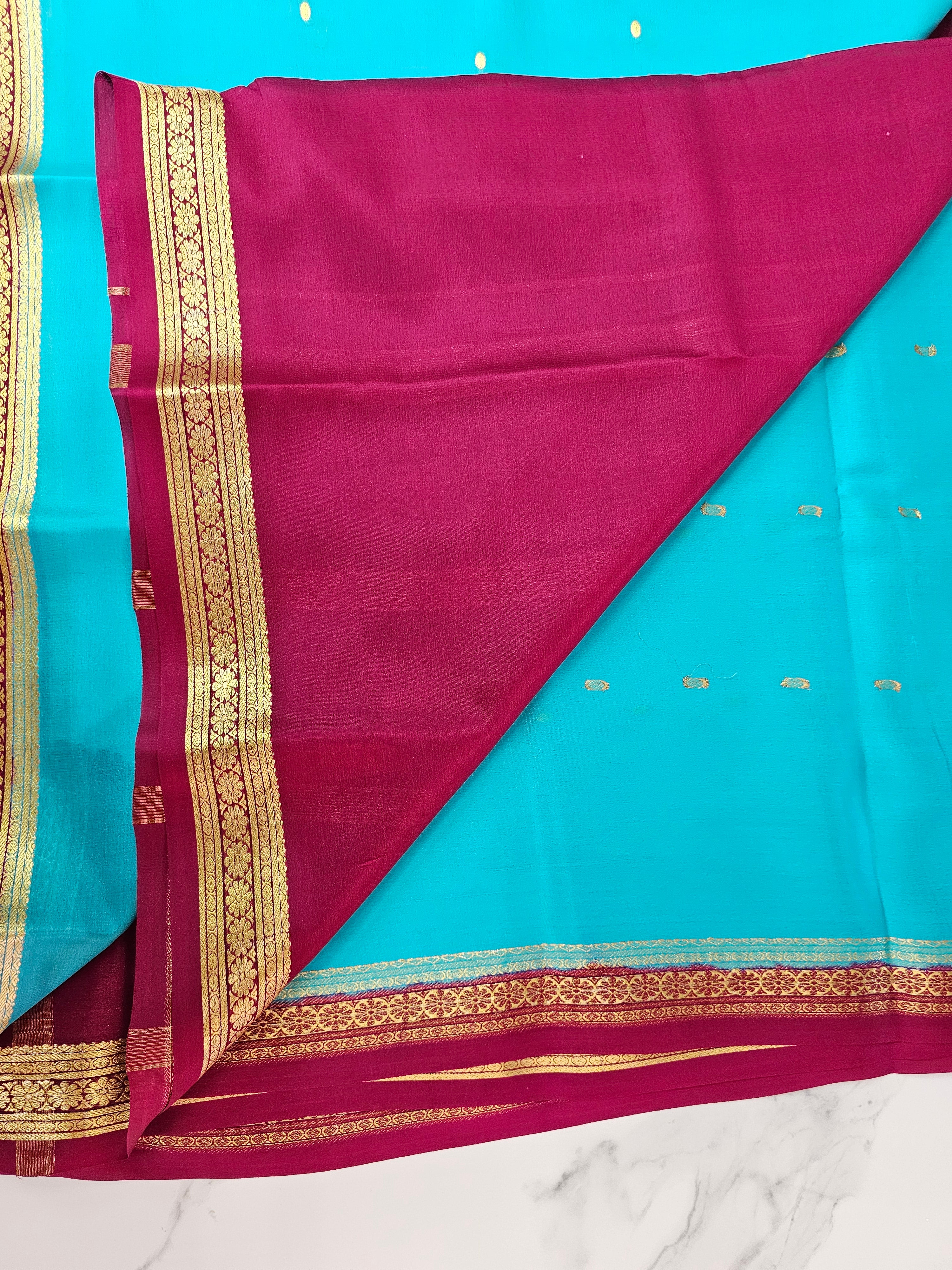 BLUE WITH PINK - PURE MYSORE CREPE SILK