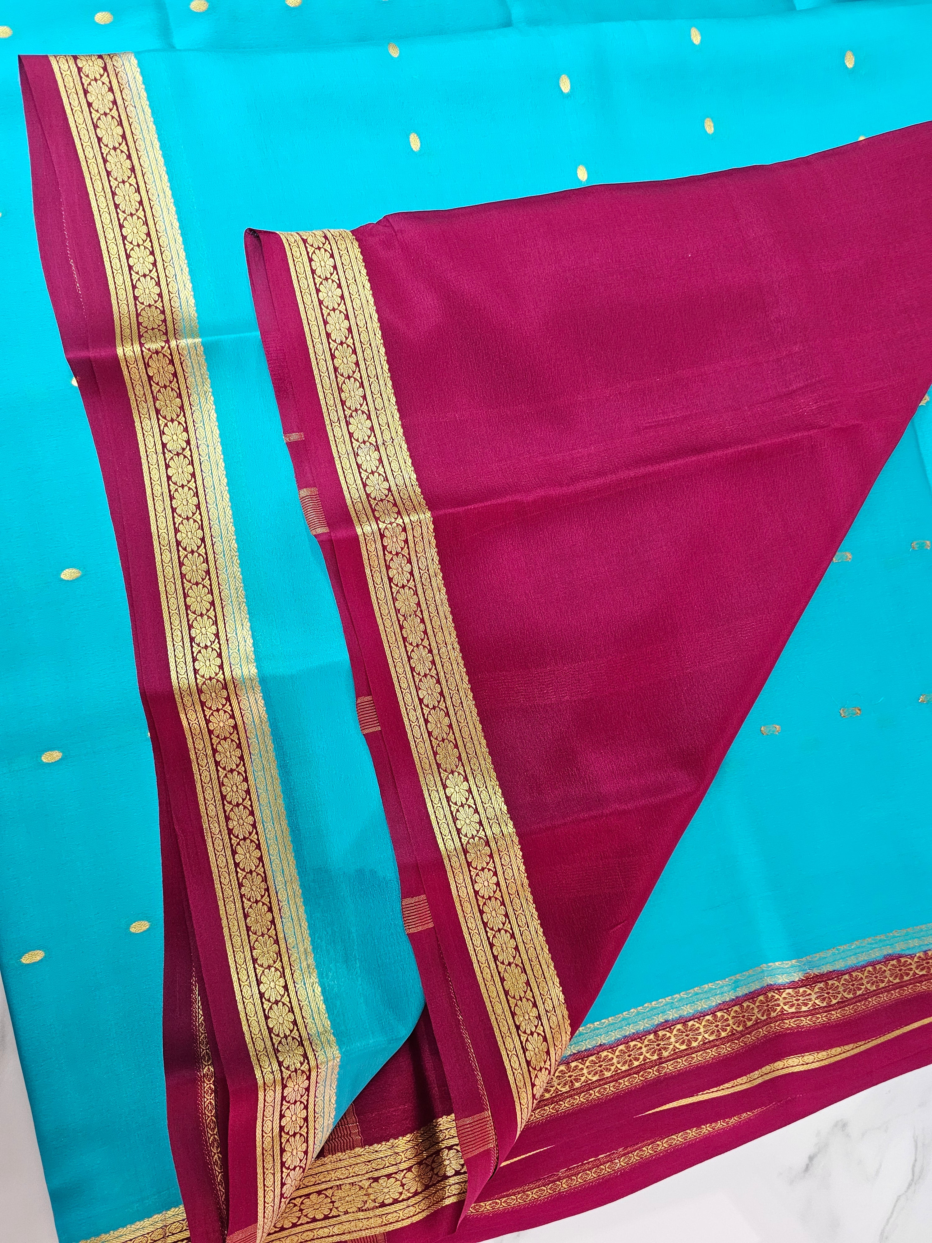 BLUE WITH PINK - PURE MYSORE CREPE SILK