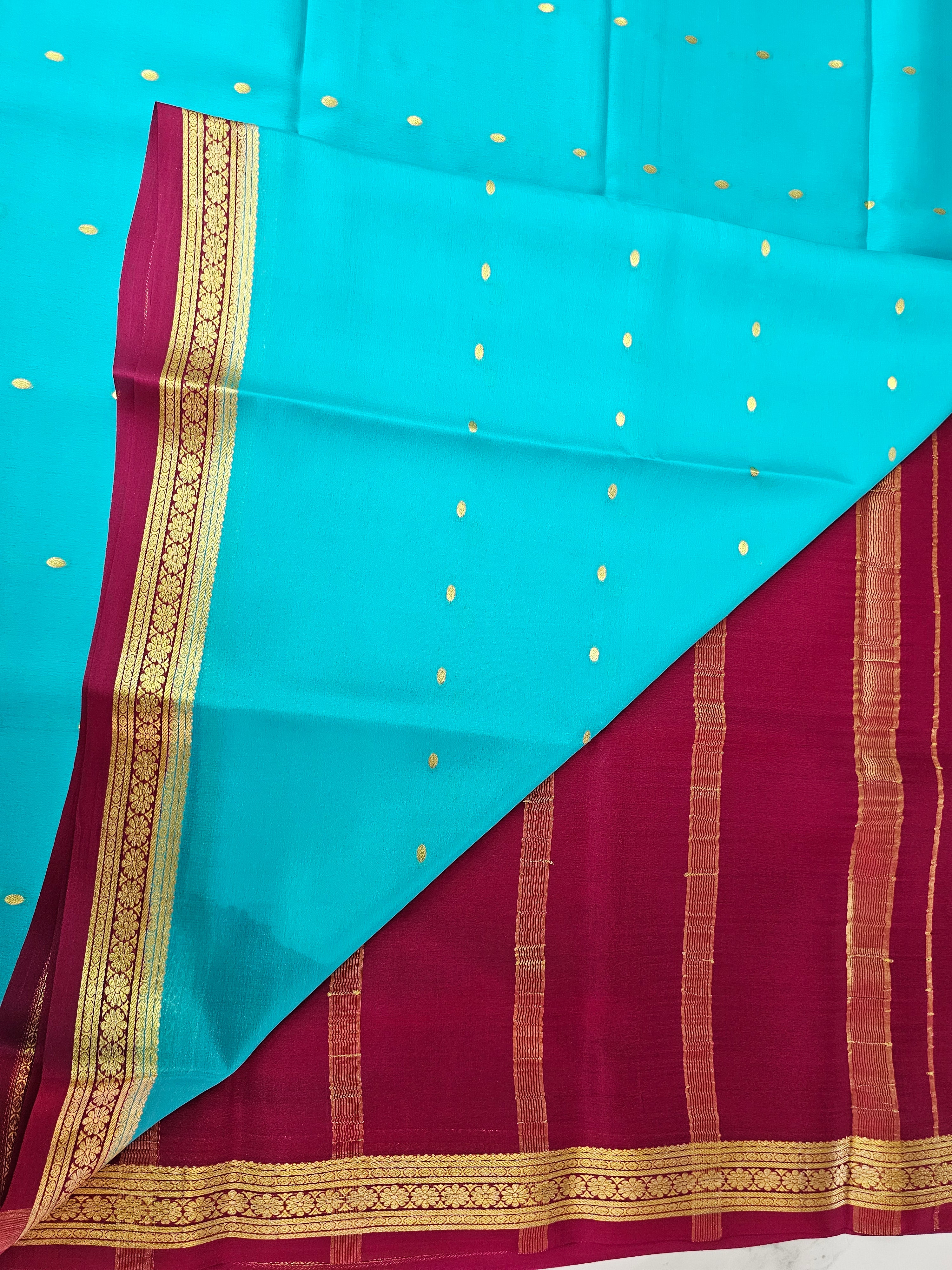 BLUE WITH PINK - PURE MYSORE CREPE SILK