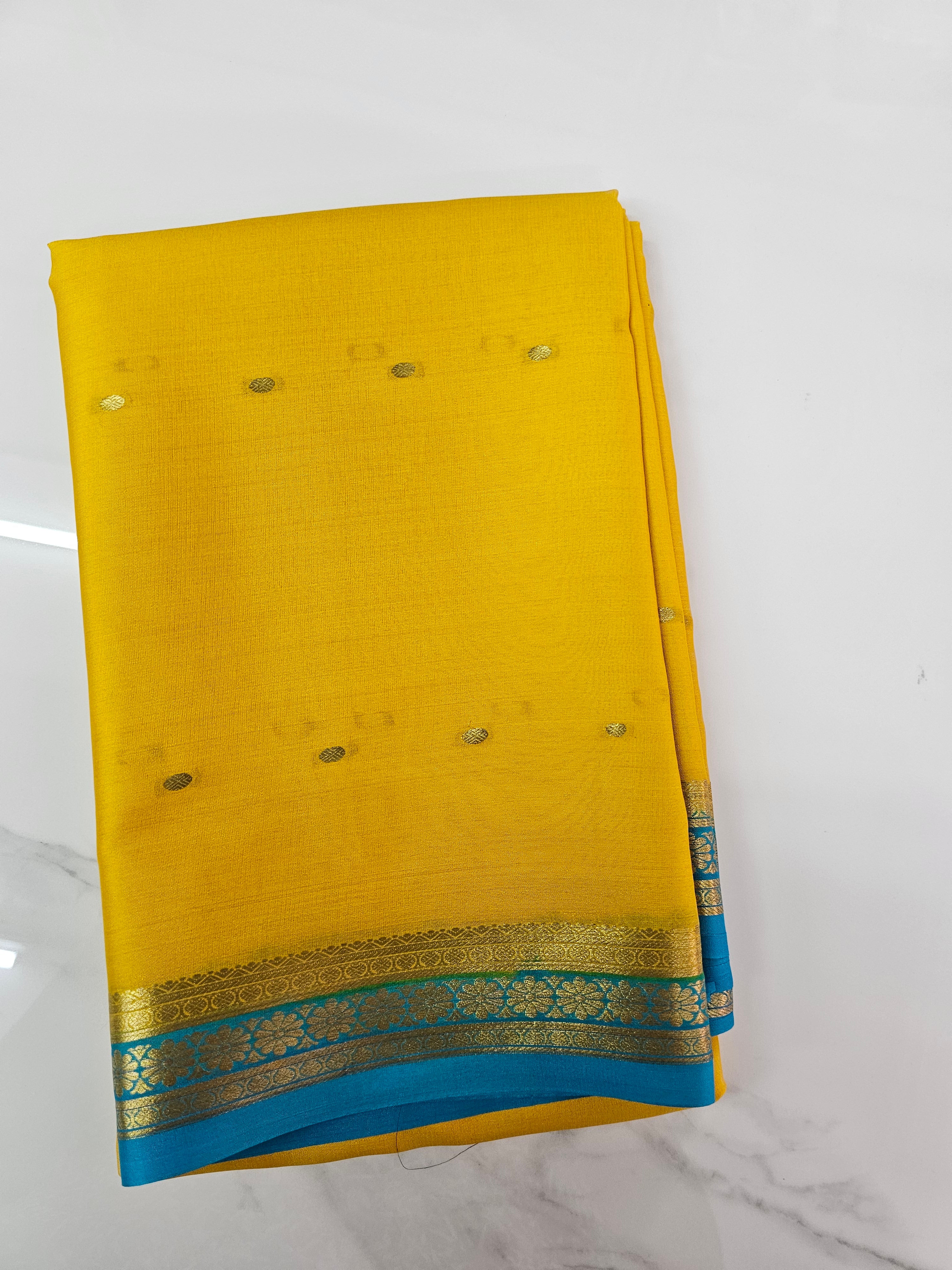 YELLOW WITH BLUE - PURE MYSORE CREPE SILK