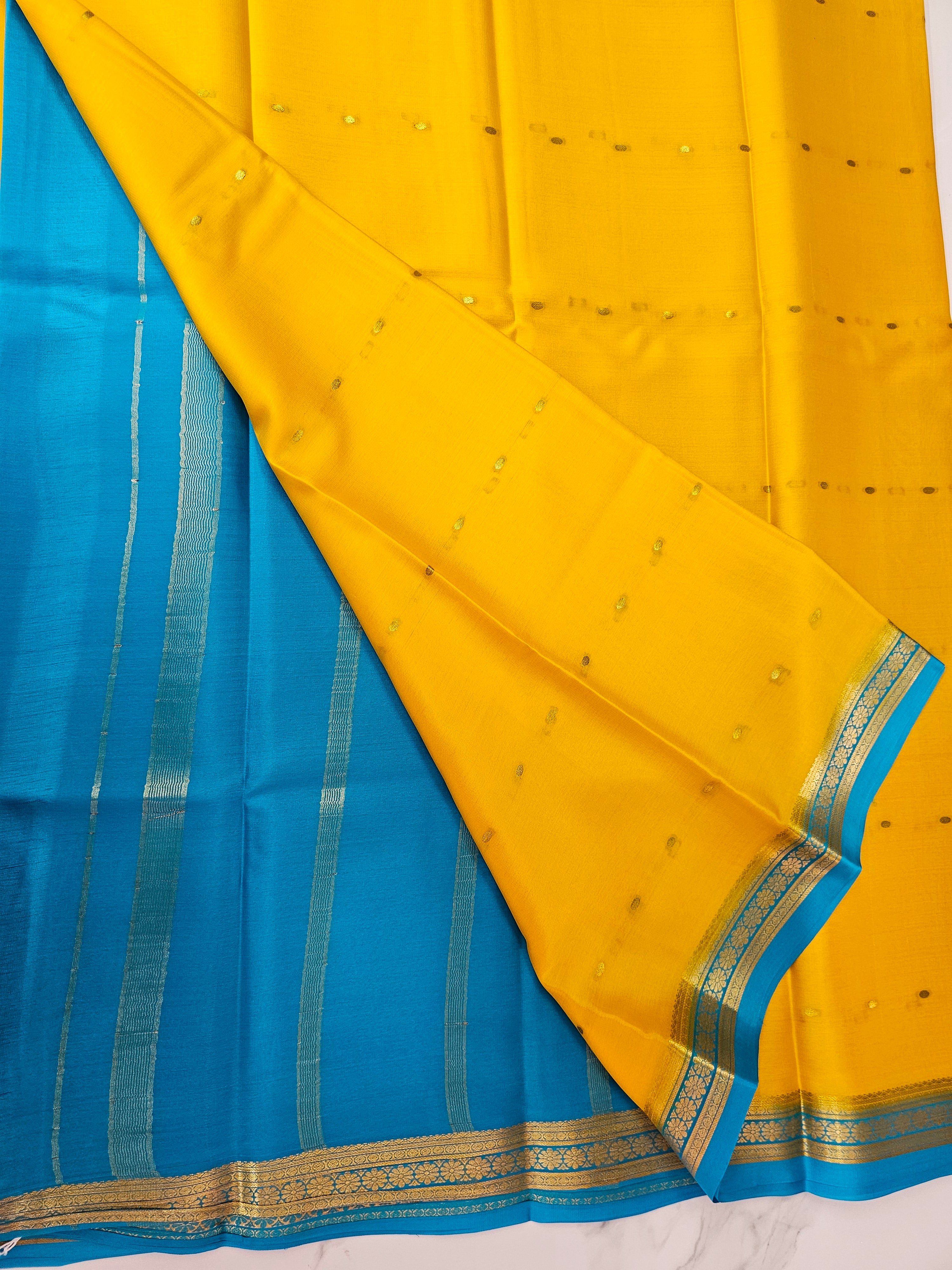 YELLOW WITH BLUE - PURE MYSORE CREPE SILK