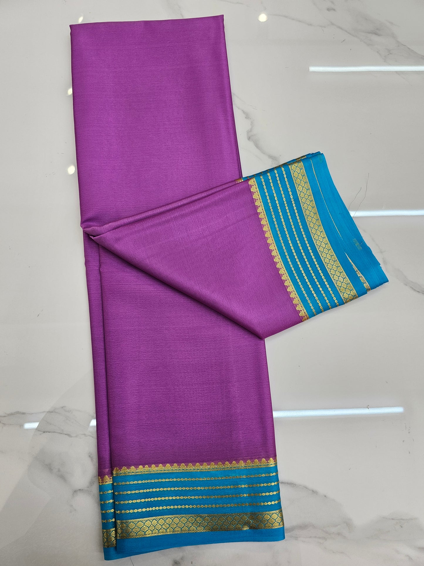 LIGHT PINKISH PURPLE WITH BLUE - PURE MYSORE CREPE SILK