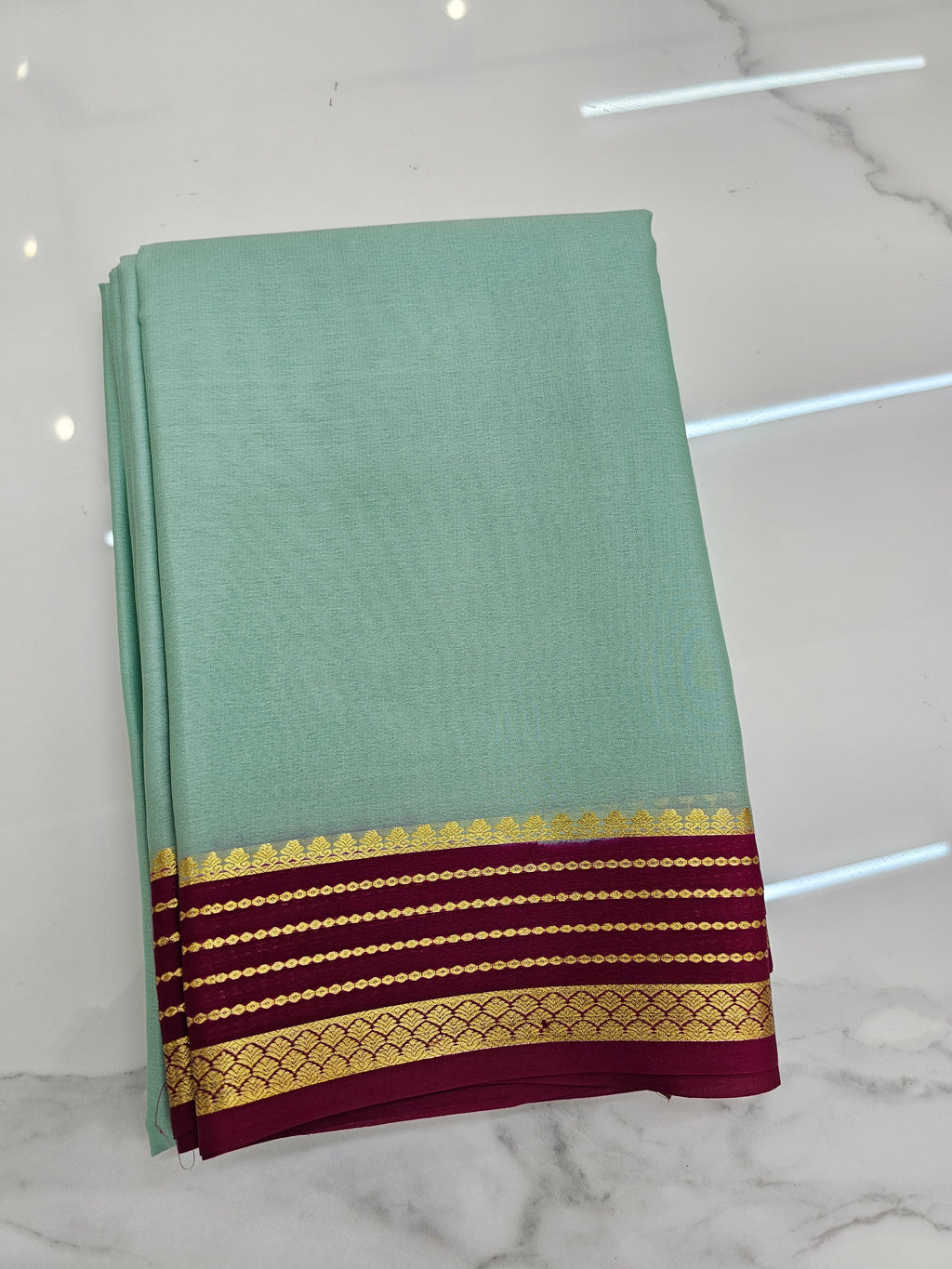 AQUA GREEN WITH PINK - PURE MYSORE CREPE SILK