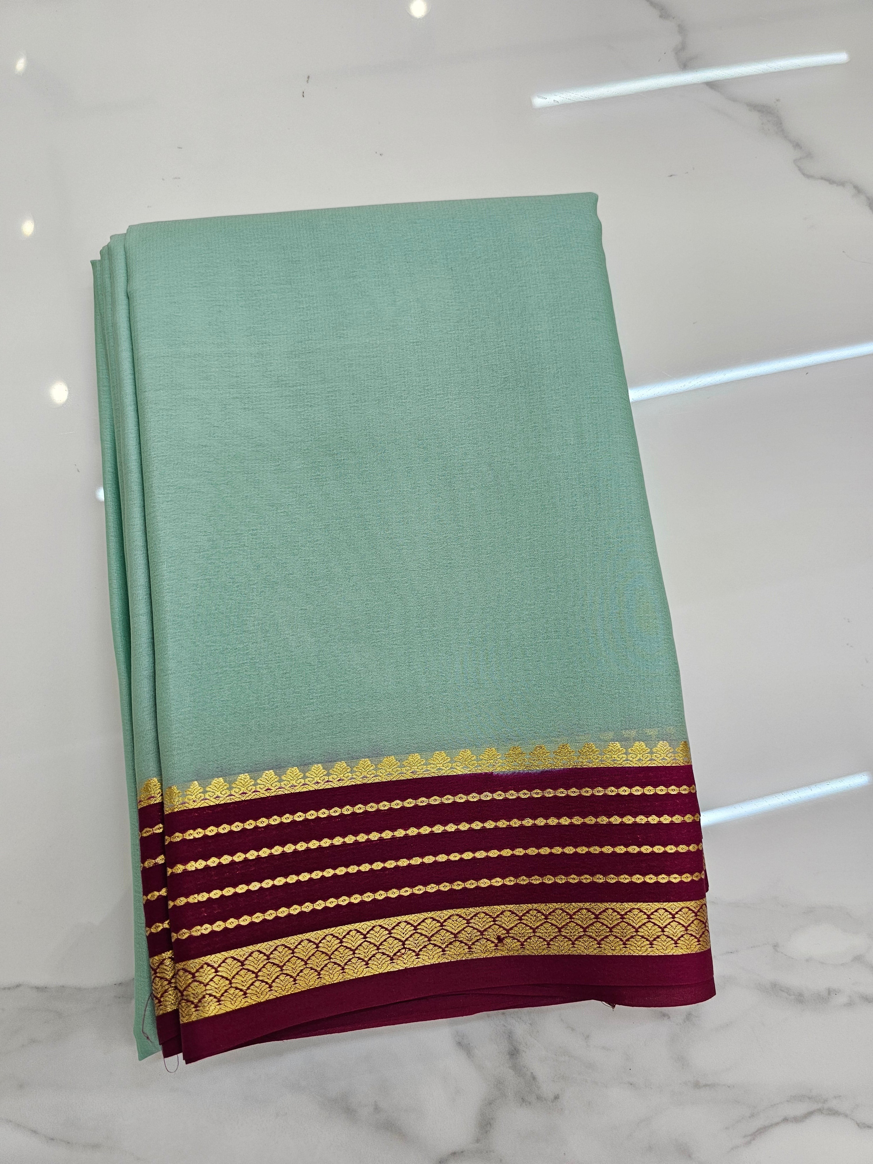 AQUA GREEN WITH PINK - PURE MYSORE CREPE SILK
