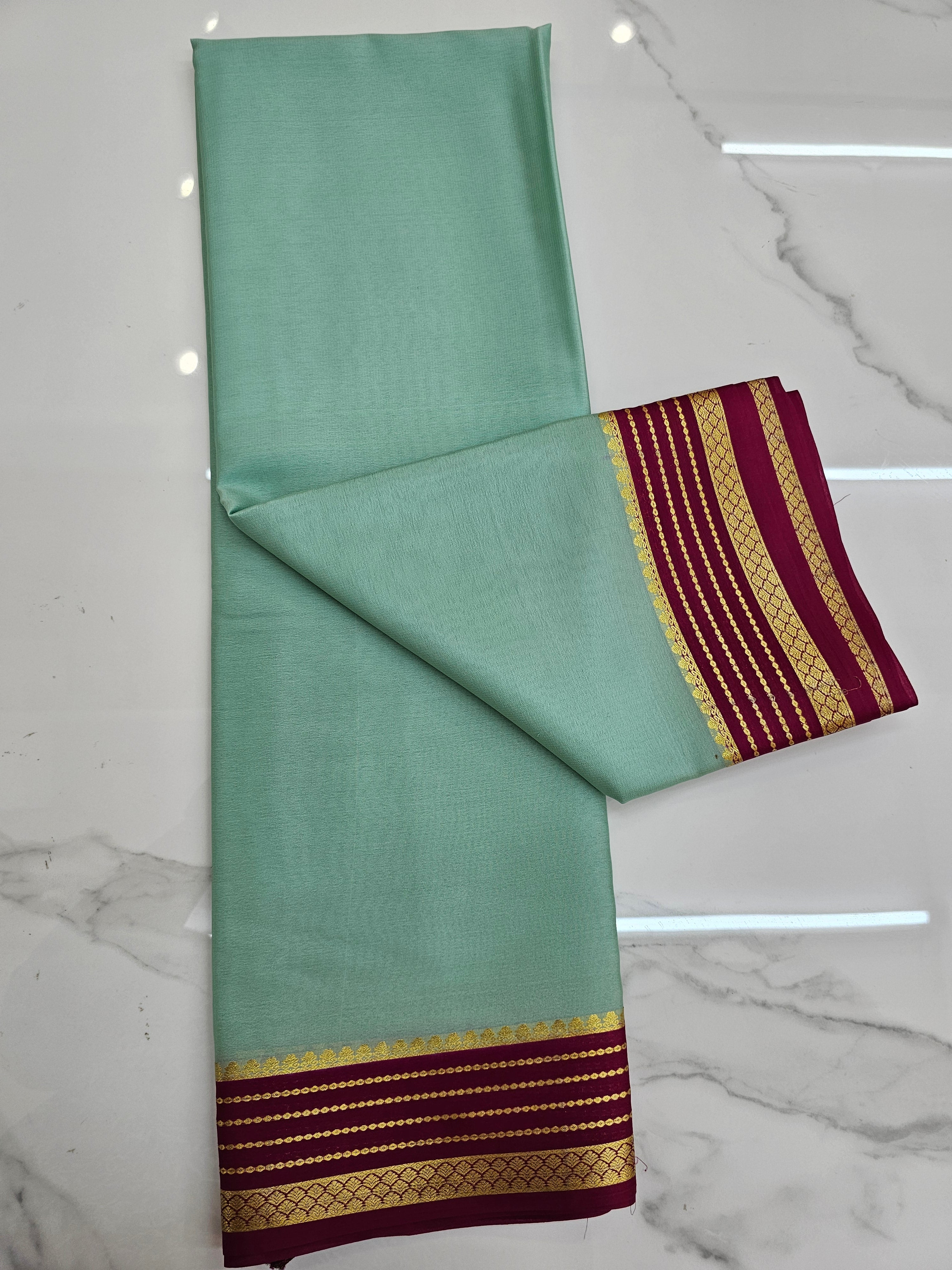 AQUA GREEN WITH PINK - PURE MYSORE CREPE SILK