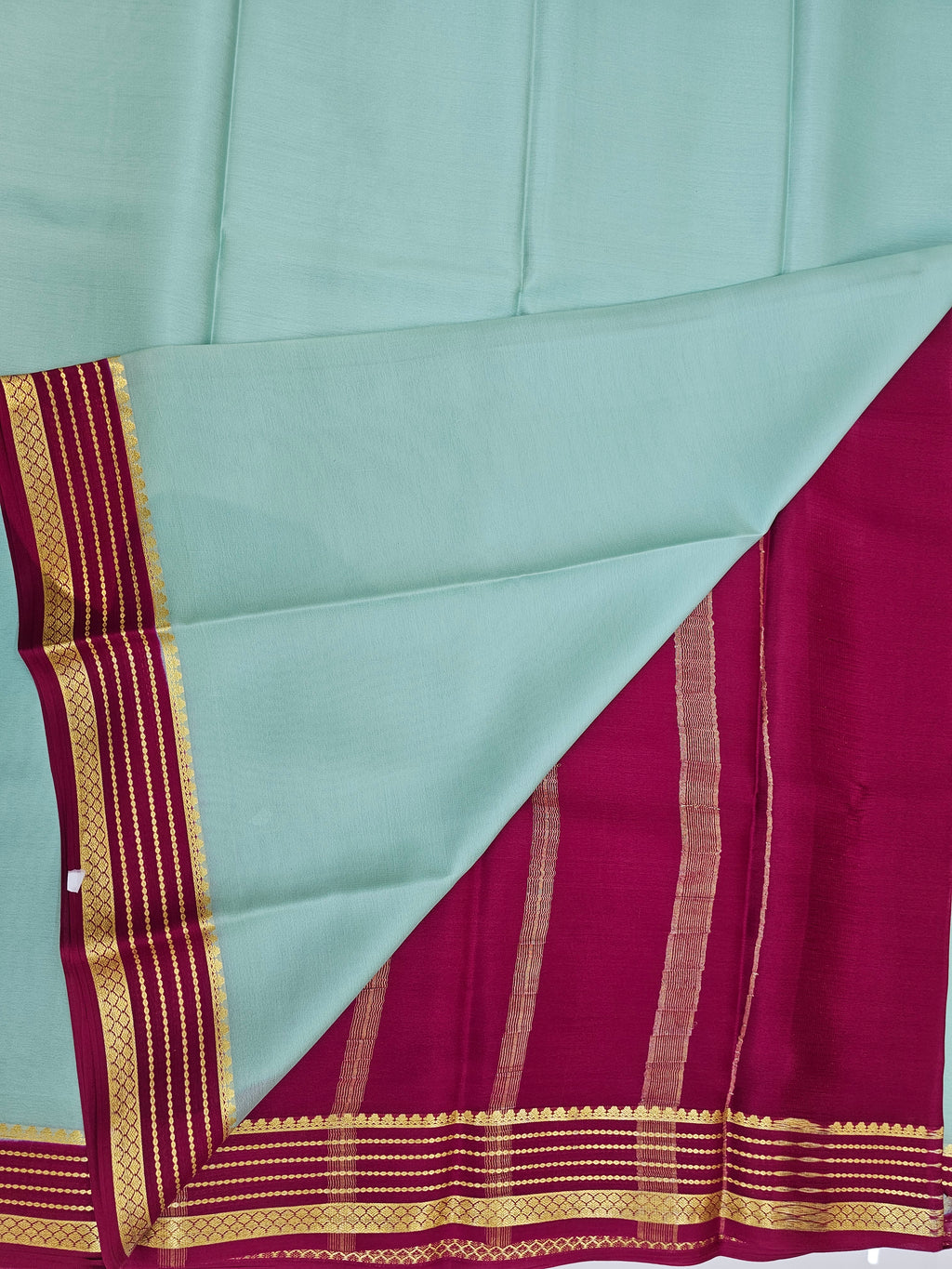 AQUA GREEN WITH PINK - PURE MYSORE CREPE SILK