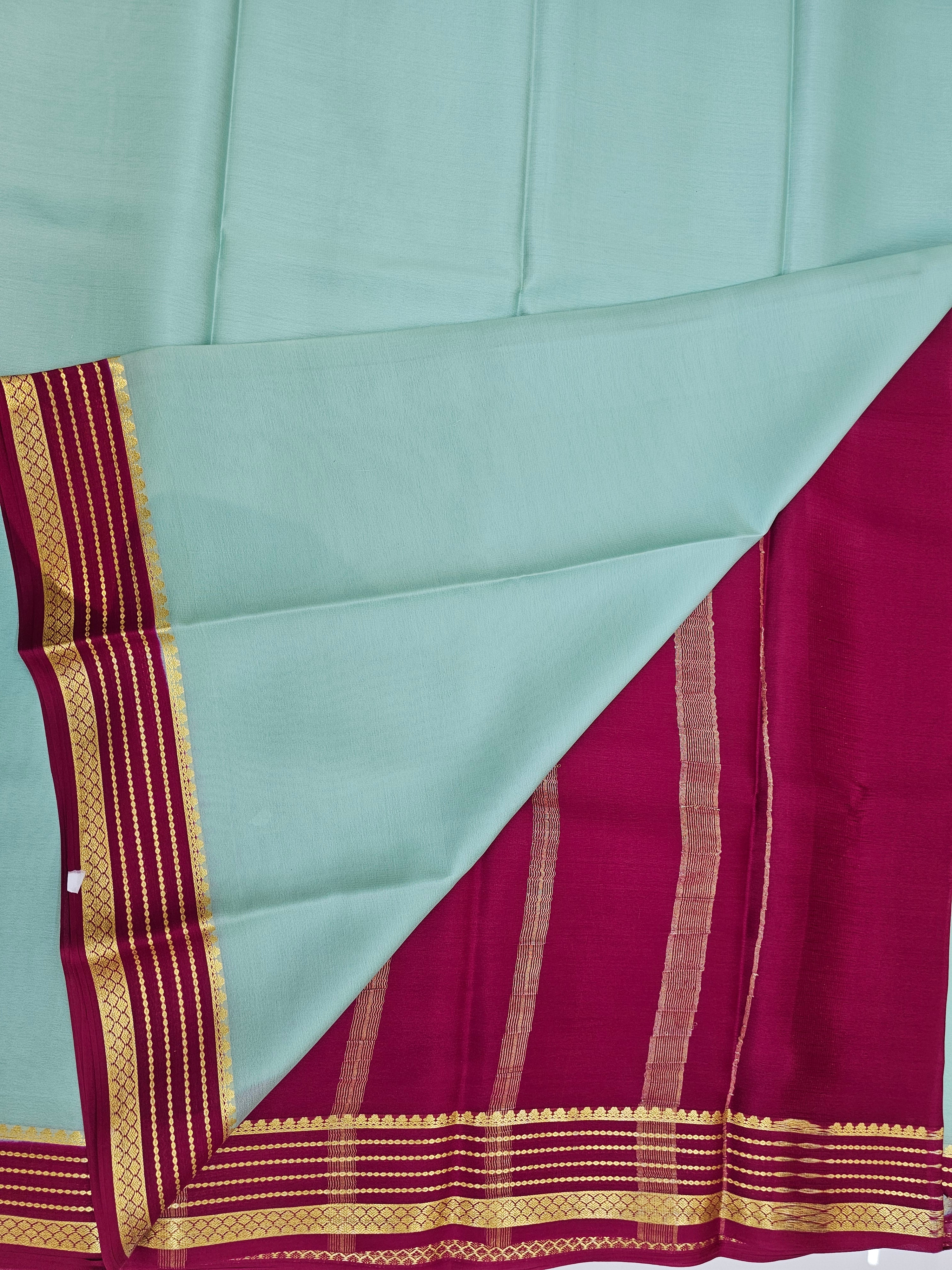 AQUA GREEN WITH PINK - PURE MYSORE CREPE SILK