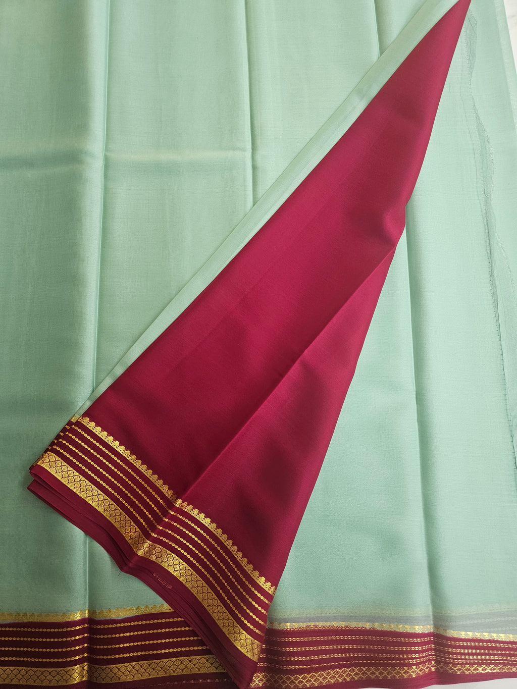 AQUA GREEN WITH PINK - PURE MYSORE CREPE SILK