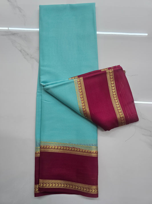 BLUE WITH PINK - PURE MYSORE CREPE SILK