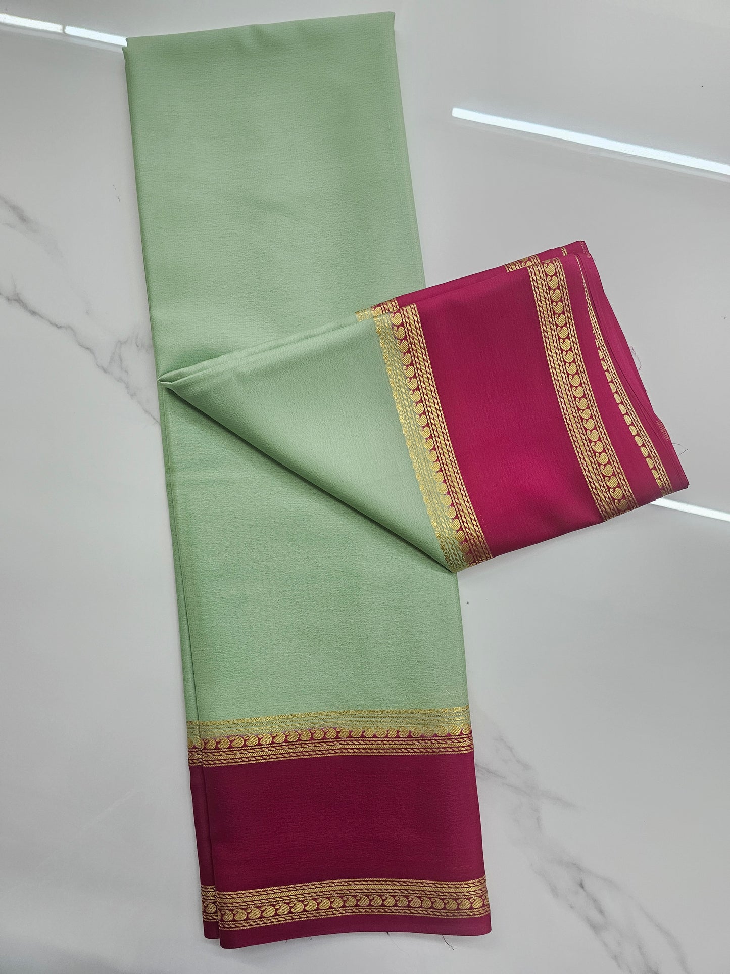 GREEN WITH PINK - PURE MYSORE CREPE SILK
