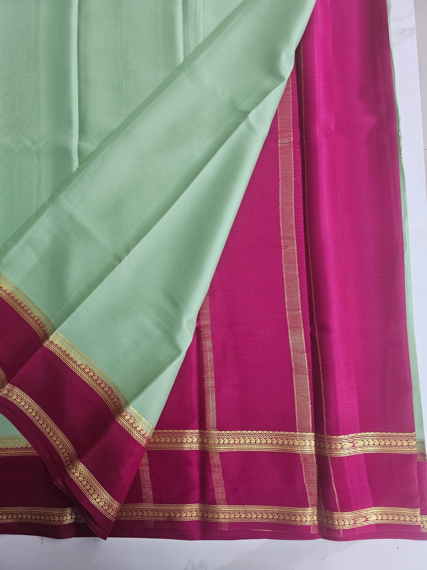 GREEN WITH PINK - PURE MYSORE CREPE SILK