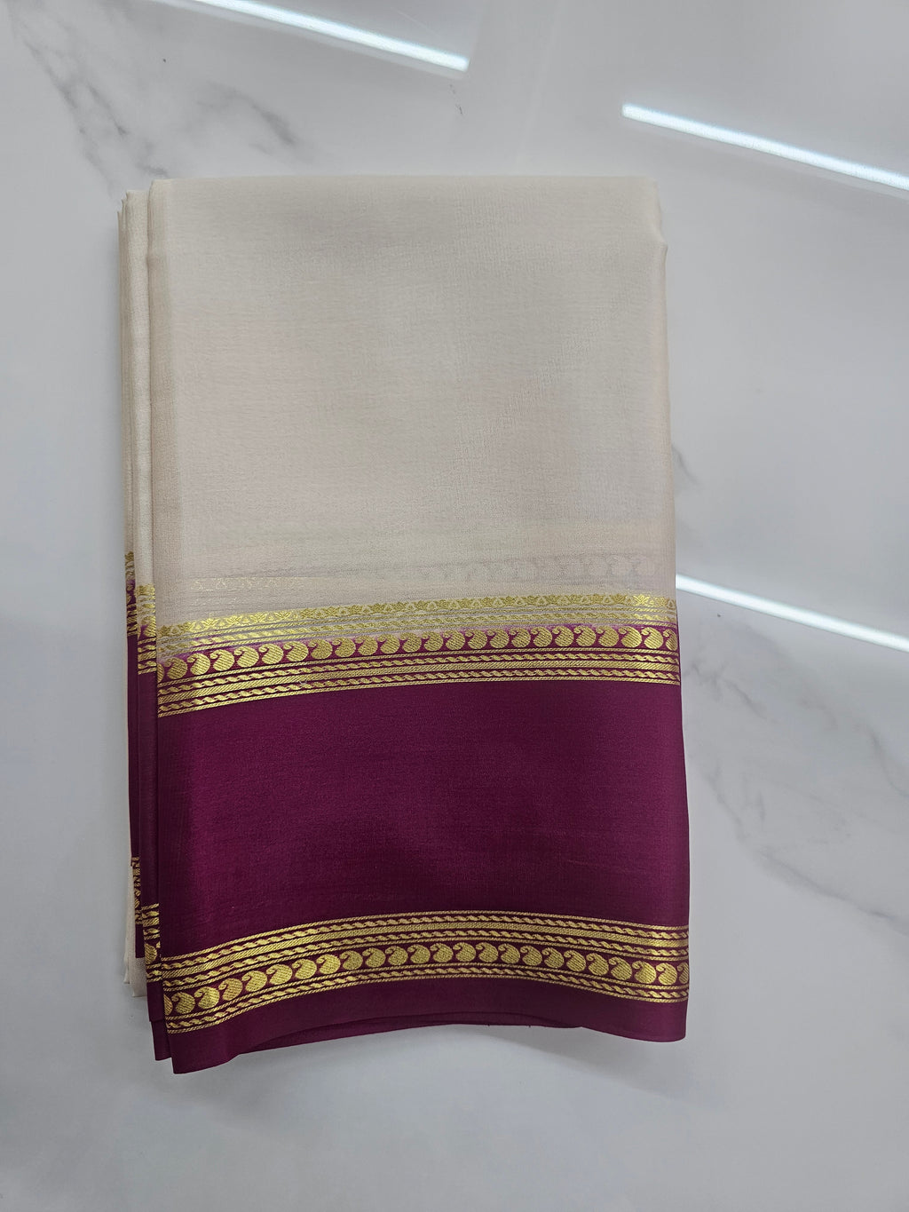 OFF WHITE WITH WINE - PURE MYSORE CREPE SILK