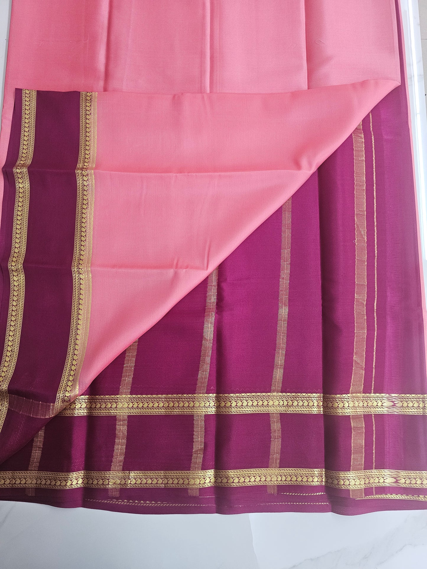 BABY PINK WITH WINE - PURE MYSORE CREPE SILK
