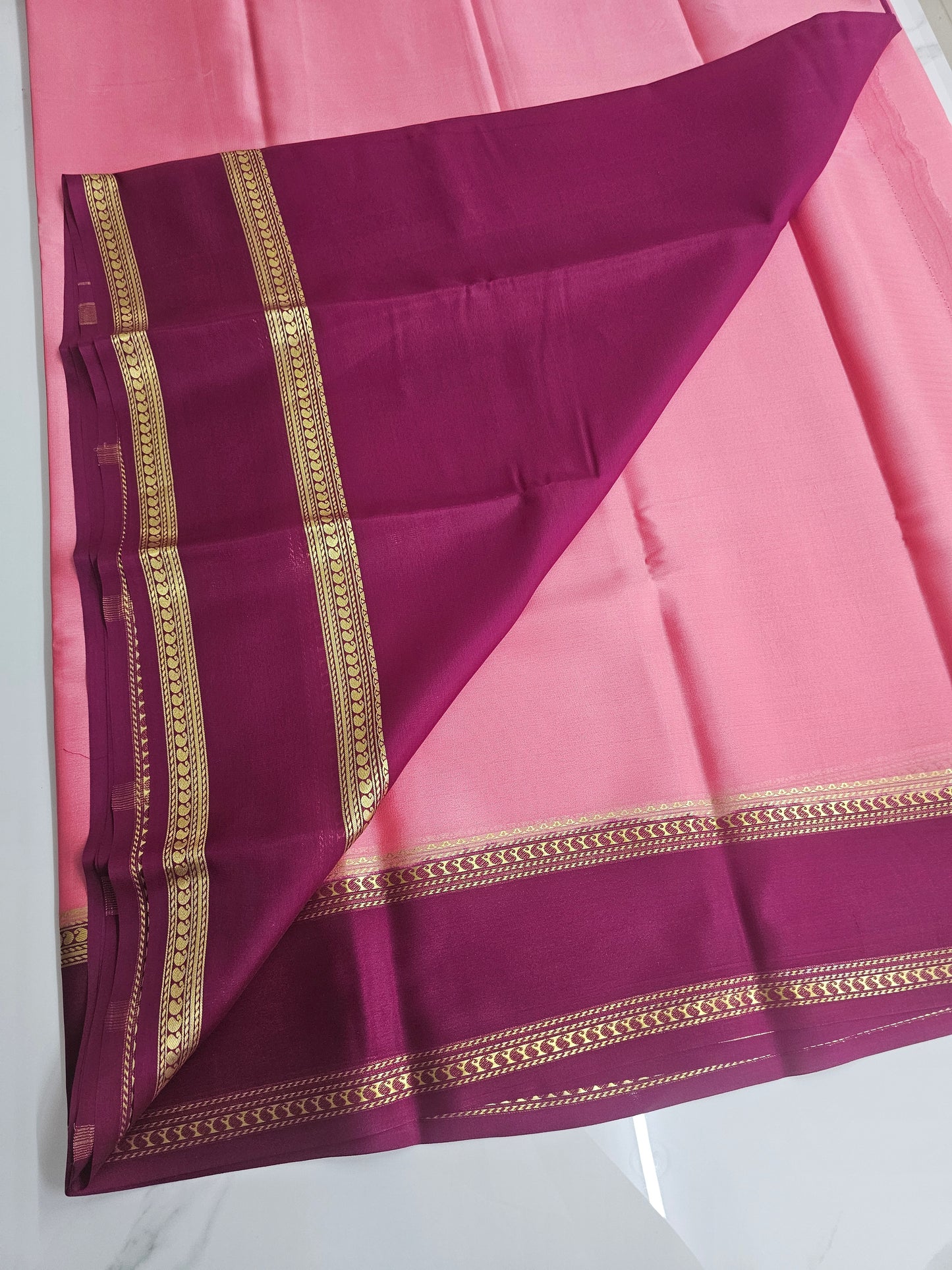 BABY PINK WITH WINE - PURE MYSORE CREPE SILK