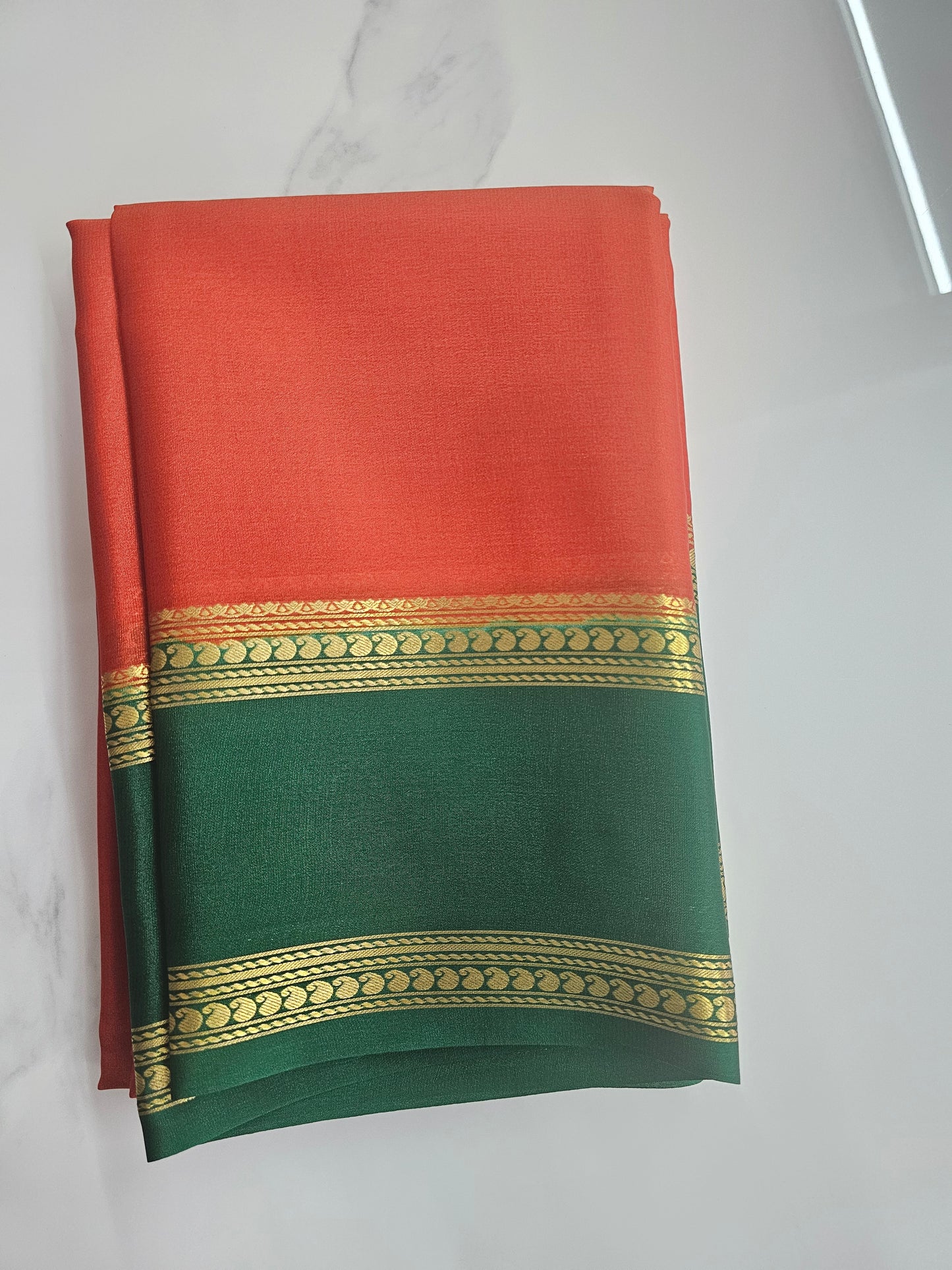 ORANGE WITH GREEN - PURE MYSORE CREPE SILK