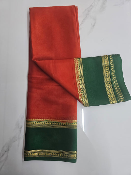 ORANGE WITH GREEN - PURE MYSORE CREPE SILK