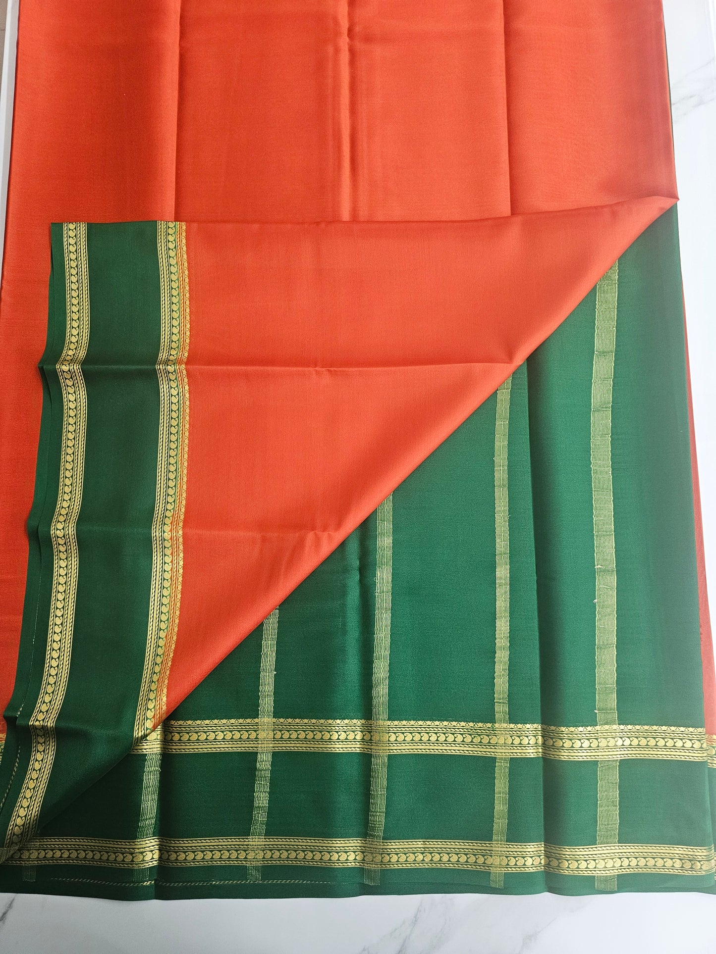 ORANGE WITH GREEN - PURE MYSORE CREPE SILK