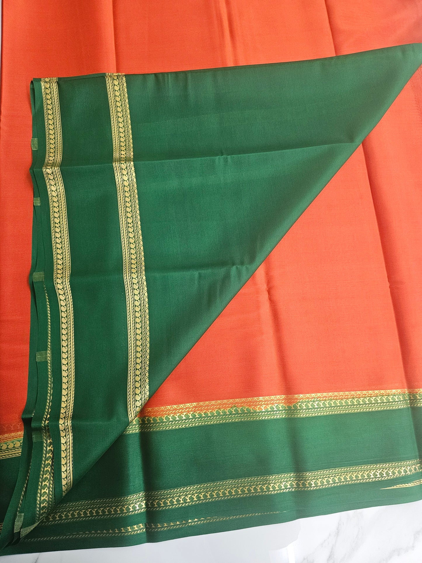 ORANGE WITH GREEN - PURE MYSORE CREPE SILK