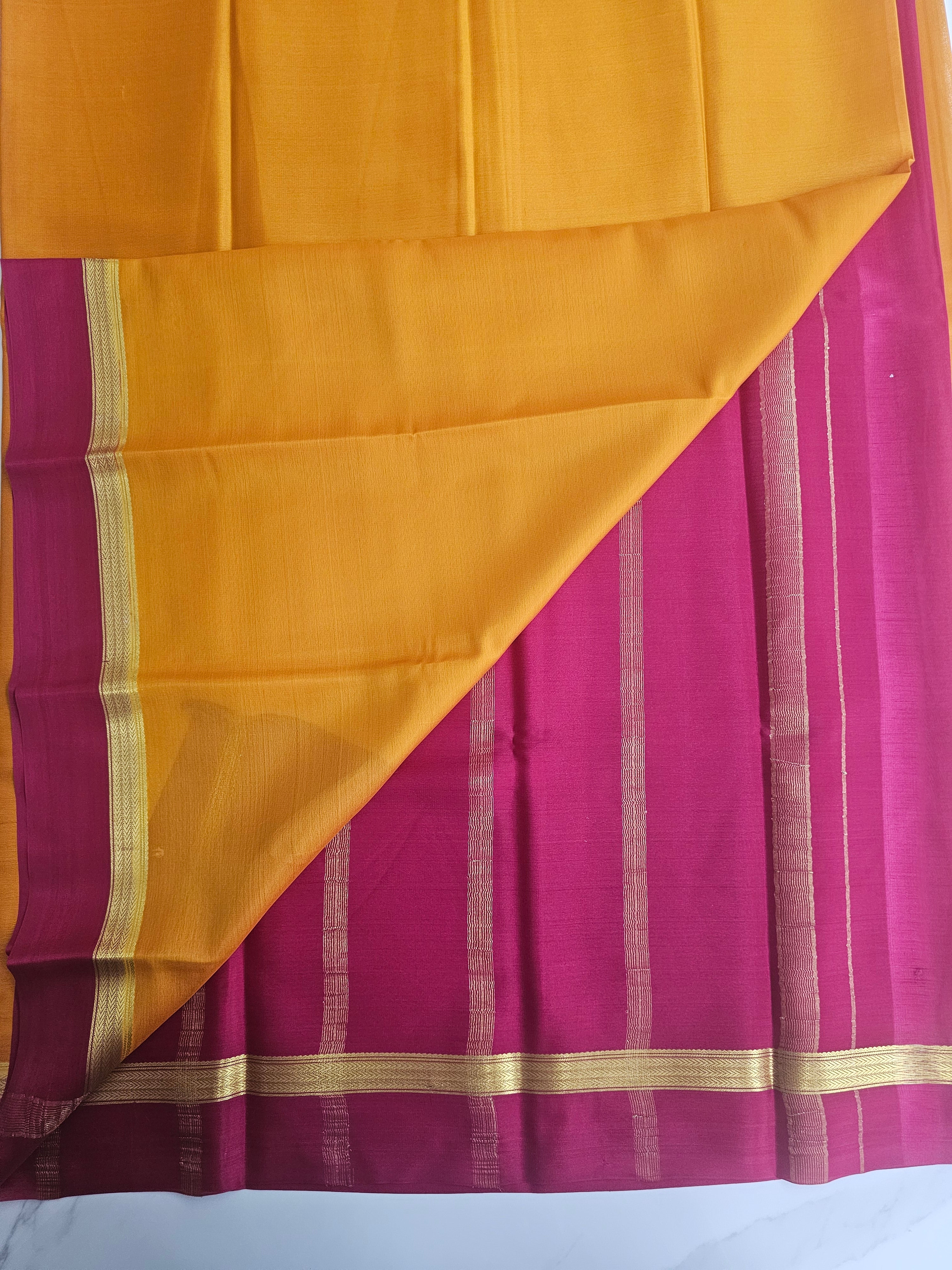 YELLOW WITH PINK  - PURE MYSORE CREPE SILK