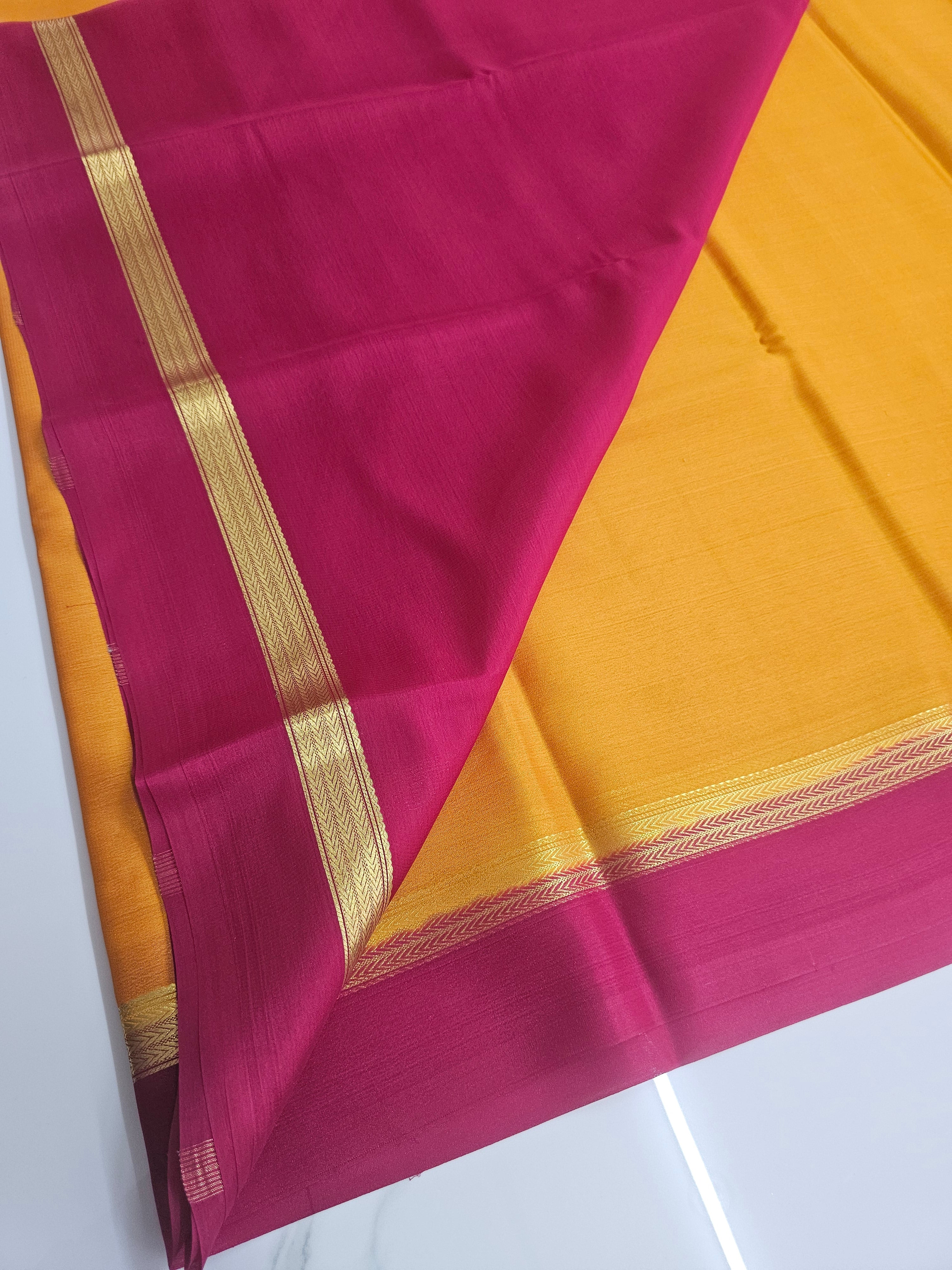 YELLOW WITH PINK  - PURE MYSORE CREPE SILK