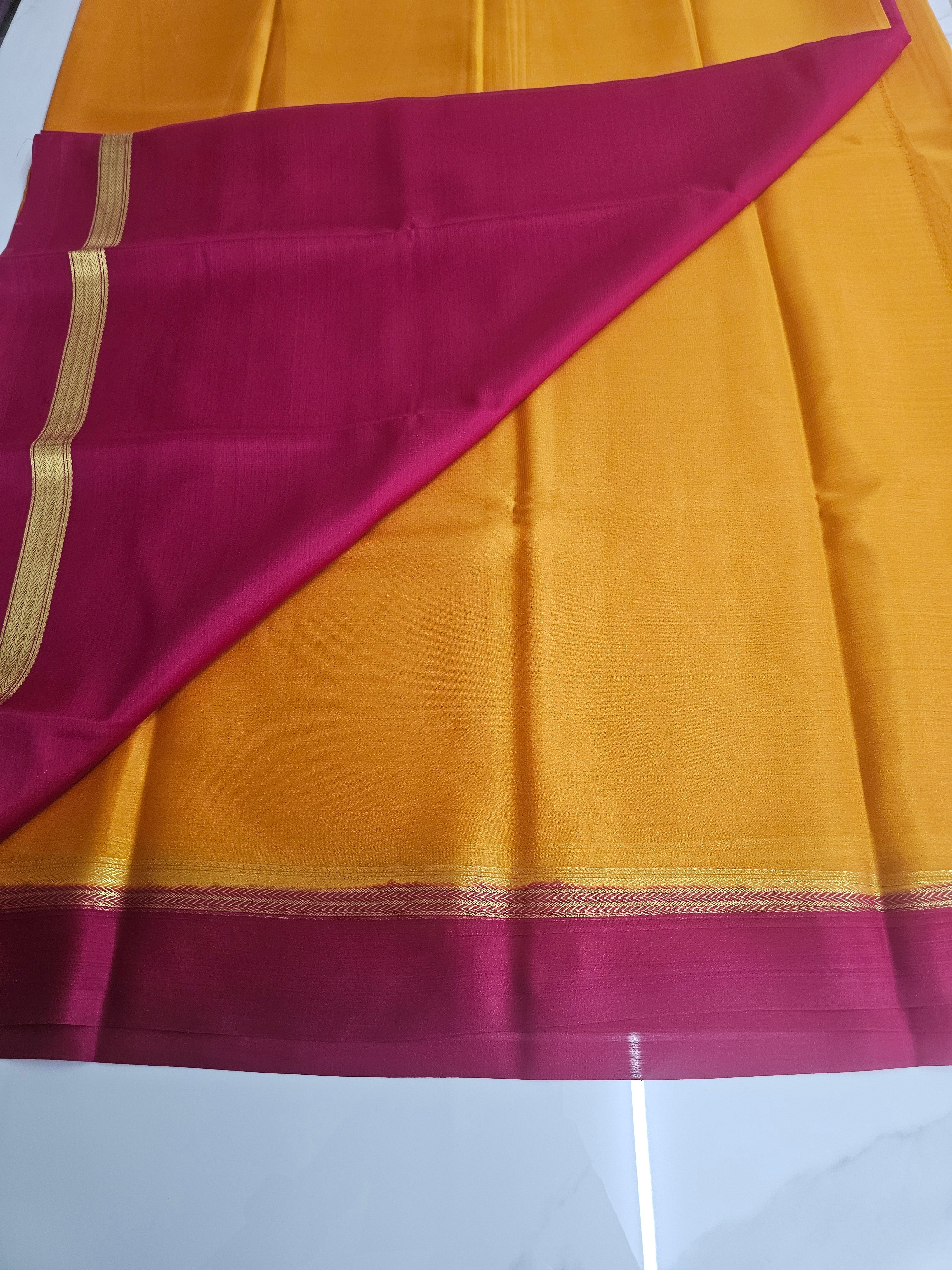 YELLOW WITH PINK  - PURE MYSORE CREPE SILK