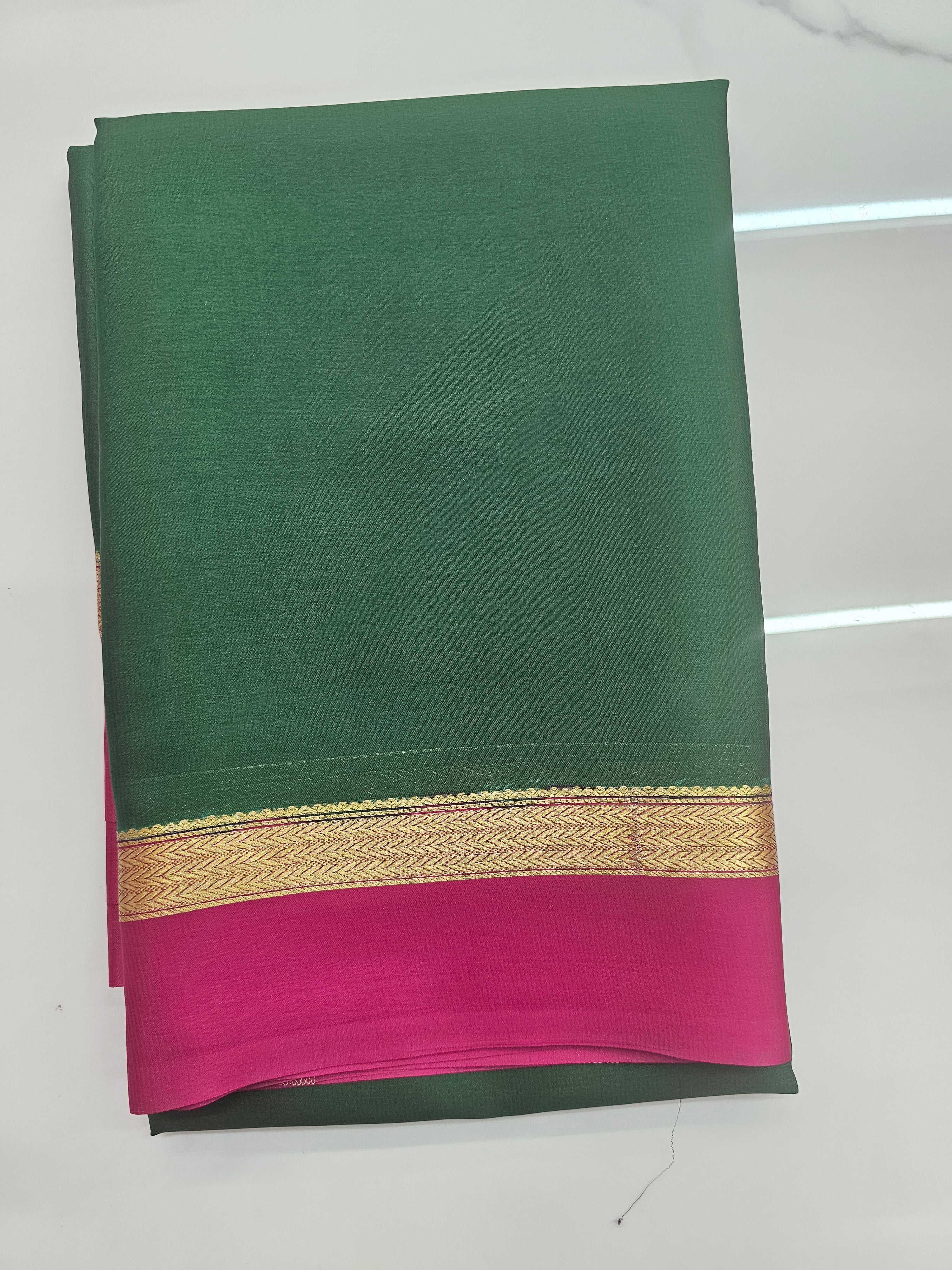 GREEN WITH PINK - PURE MYSORE CREPE SILK